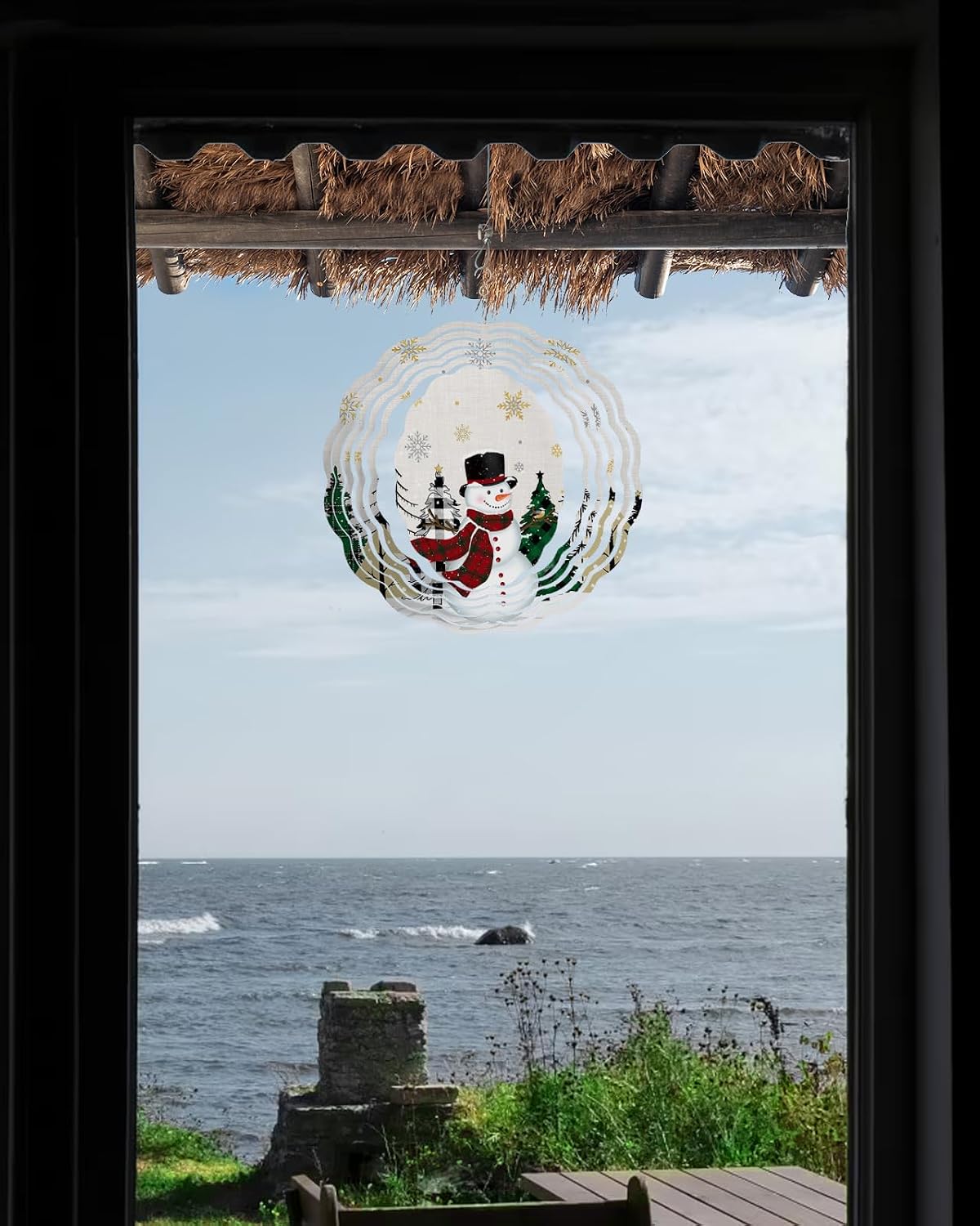 Snowman Wind Spinner 3D Stainless Steel, 12 Inch Double Sided Circle Hanging Wind Spinners, Buffalo Plaid Tree Gold White Snowflake Burlap Garden Art Wind Sculpture for Yard Porch Front Door