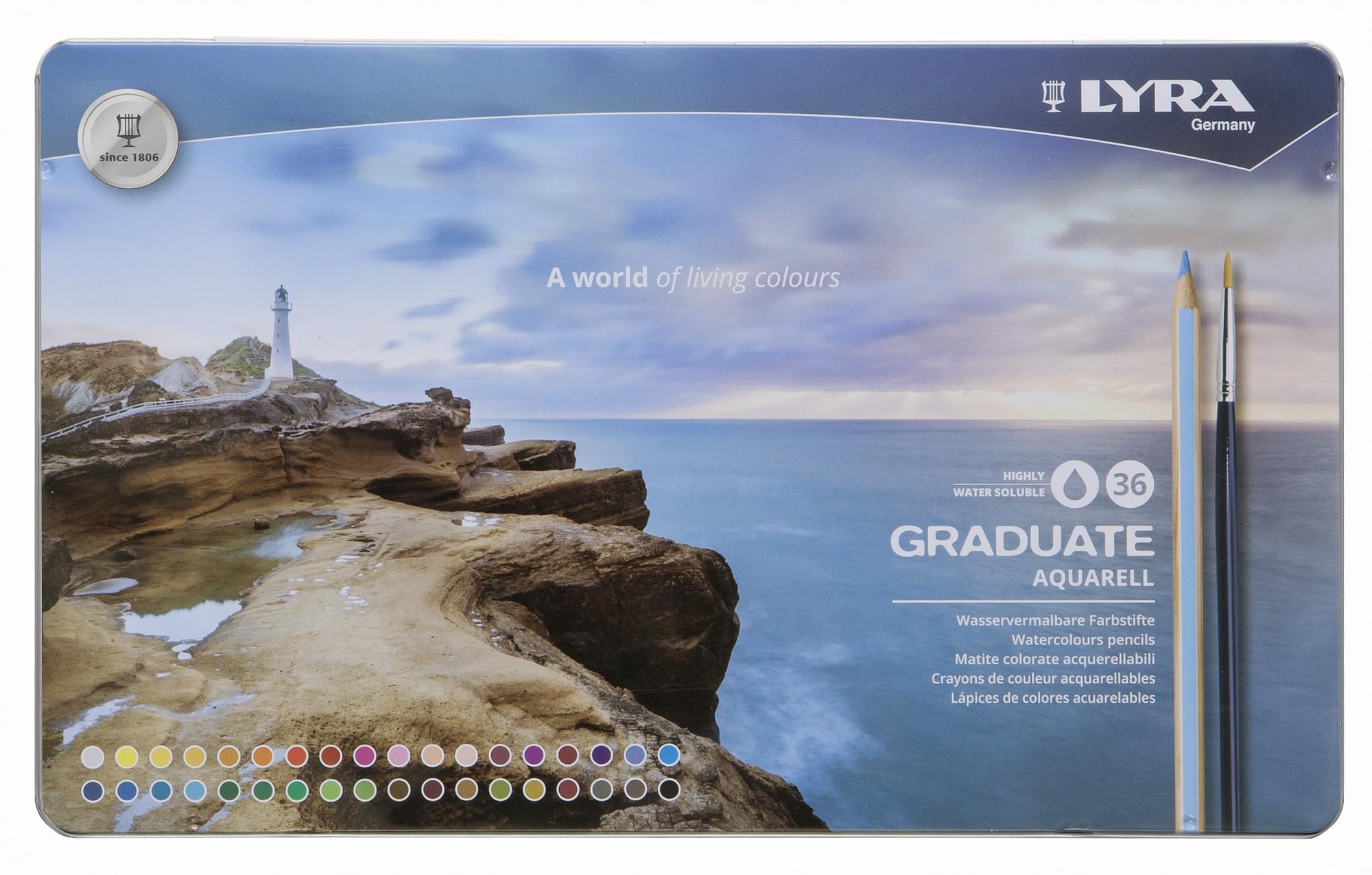 LYRA Graduate Water-soluble Aqua Colouring Pencils, 36 Pieces in Assorted Colours, Ideal for Students and Schools