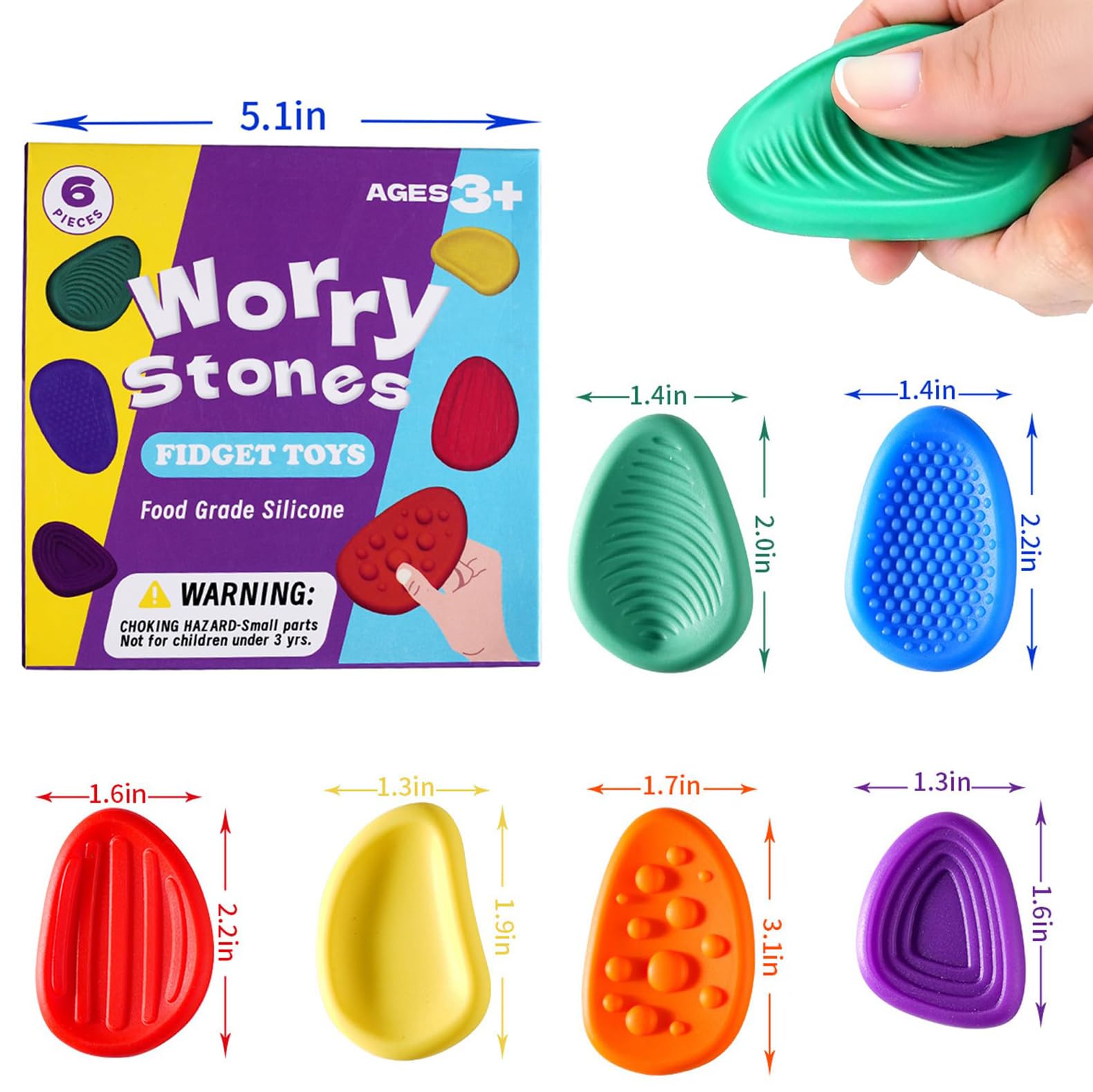 Sensory Stone, 6Pcs Fidget Toys for Kids & Adults, Worry Stones for Anxiety Relief Autism Toys Stress Relief Tools - Image 2