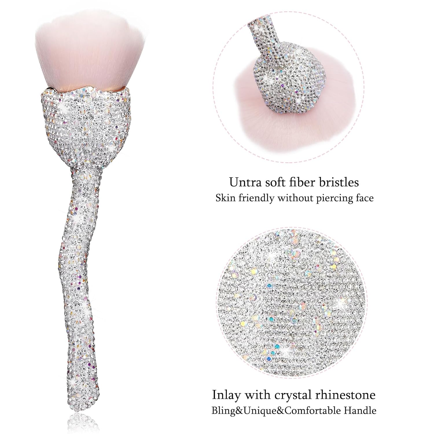 SlowVibes Rhinestone Foundation Brush,Rose Shape Bling Diamond Blush Brush Soft,Large Face Powder Makeup Brushes,Sparkle Cosmetic Nail Dust Brush,Loose Powder Brush,Women Professional Makeup Tools