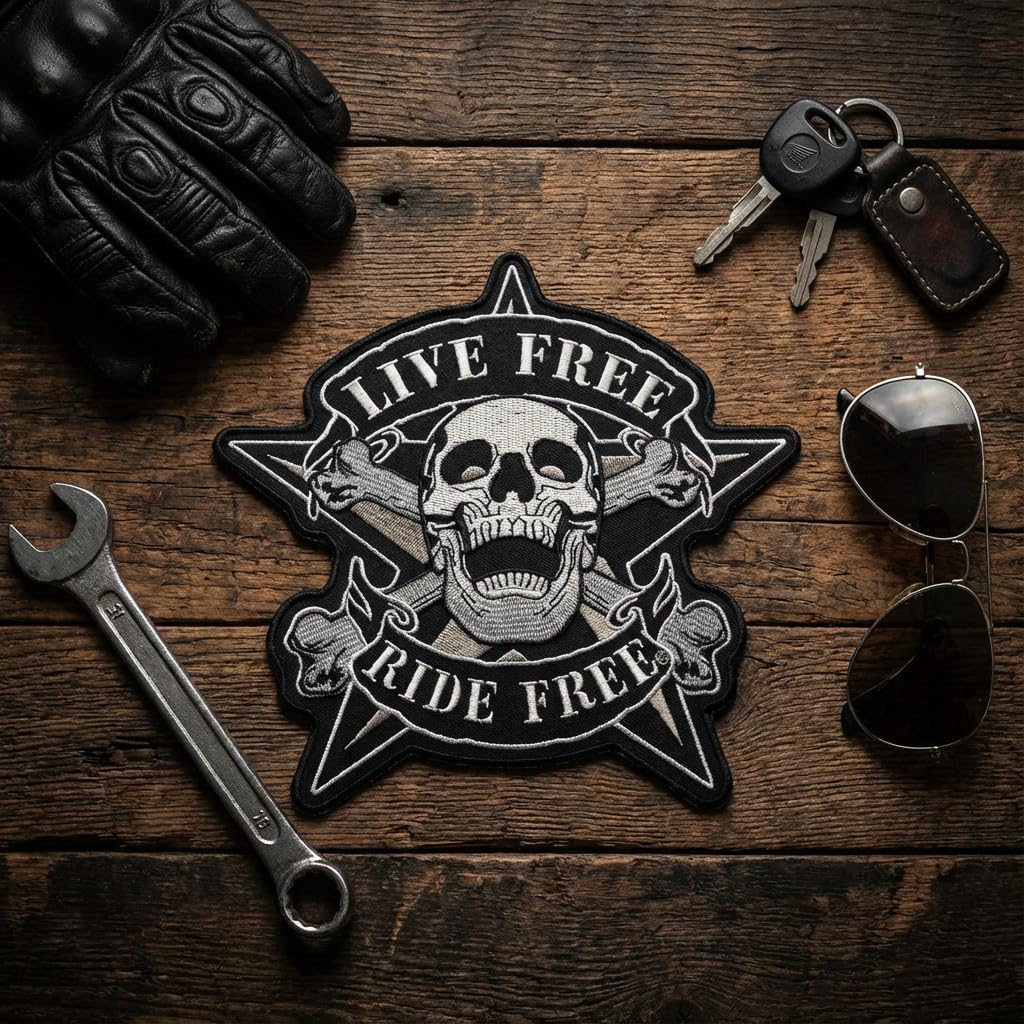 Large Biker Patch Live Free Ride Free, 8x9 Inch Embroidered Iron On Applique for Vest Jacket Back, Motorcycle MC Club Rocker