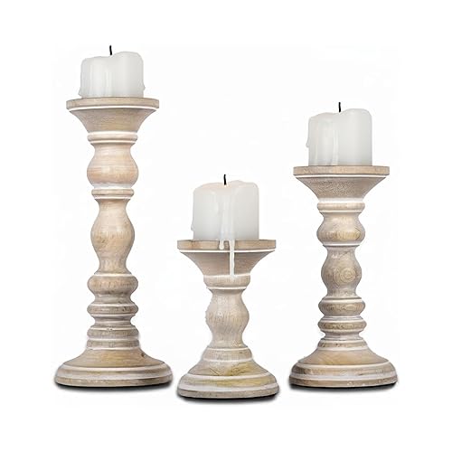Mela Artisans Mango Wood Pillar Candle Holders Set of 3,