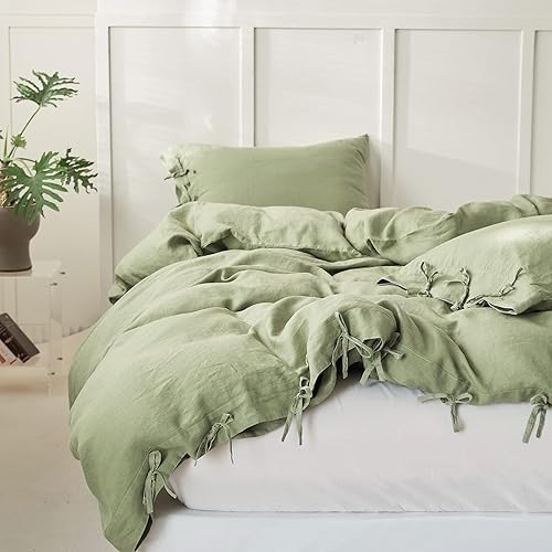 Miniatura 8 de Simple&Opulence Juego de funda de edredón 100% lino, 3 piezas con cierre de lazos de lazo, lino lavado francés natural, color sólido, suave,