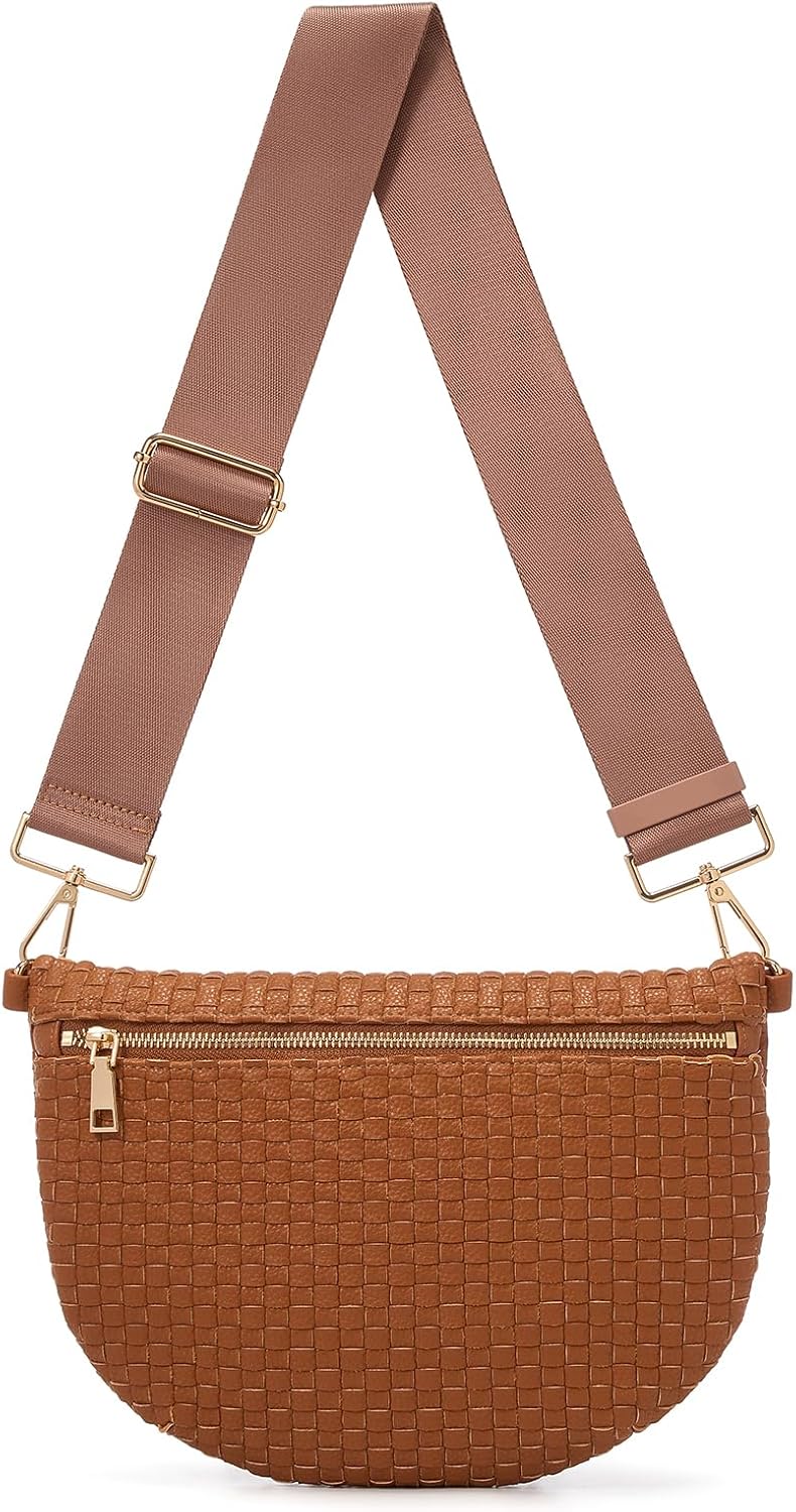 Woven Crossbody Bags For Women, Checkered Fashion PU Bum Bag Waist Pack, Travel Sling Purse with Adjustable Strap(Brown)