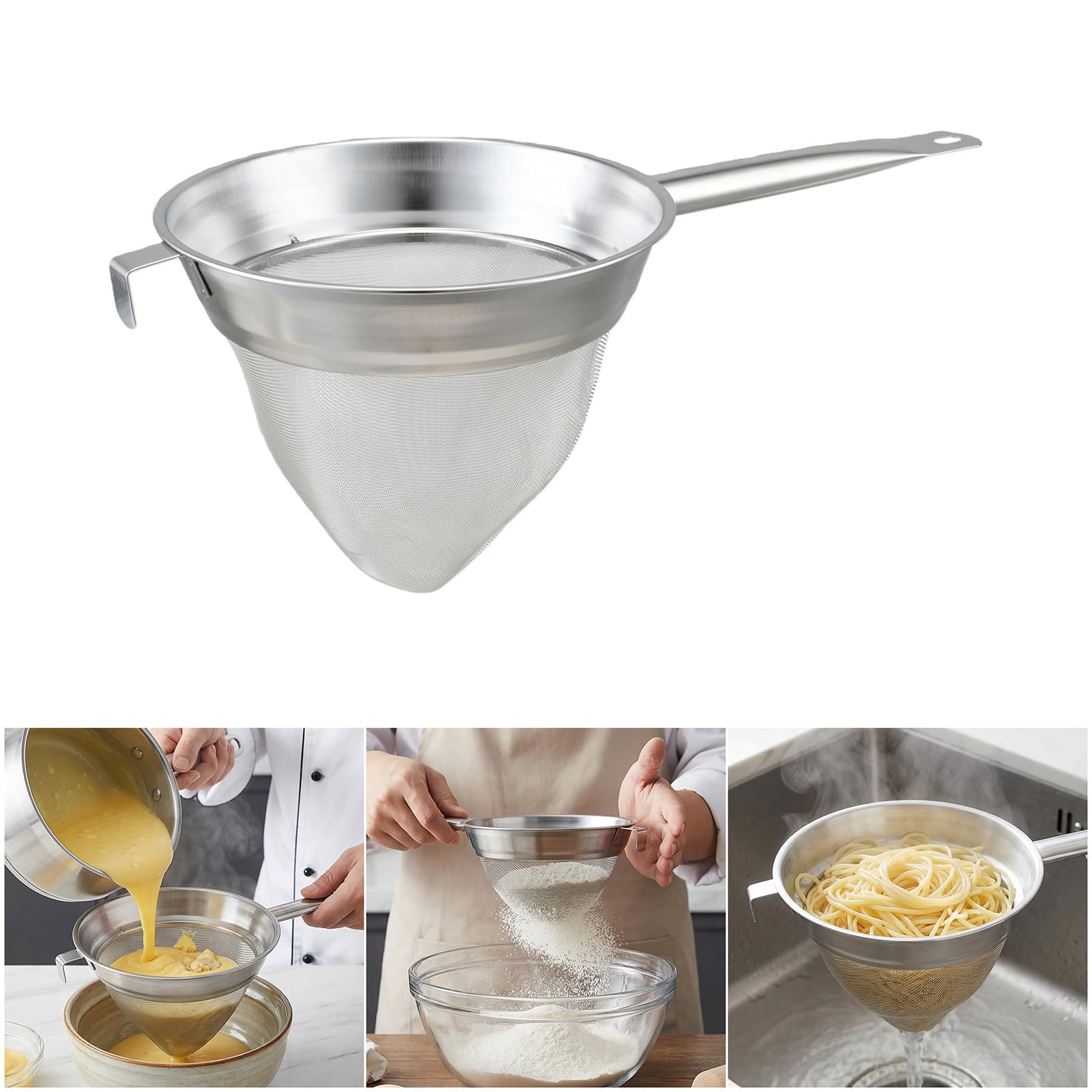 Colador cónico de acero inoxidable 304 con mango largo, tamiz de caldo de malla fina para cocina