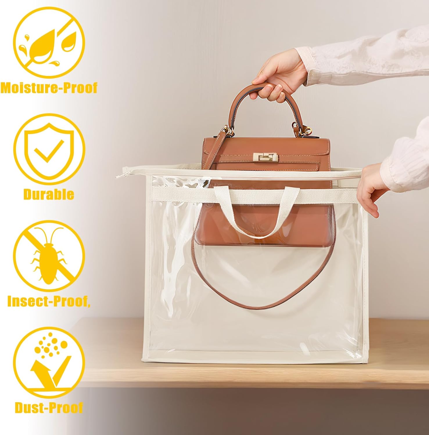 12PC Dust Bags for Handbags with 12 Hooks, Clear PVC Handbag Storage Dust Bags with Zippers and Handles, Plastic Hanging Dust Cover Bag Holder Purse Storage Organizer for Closet (3 Size)