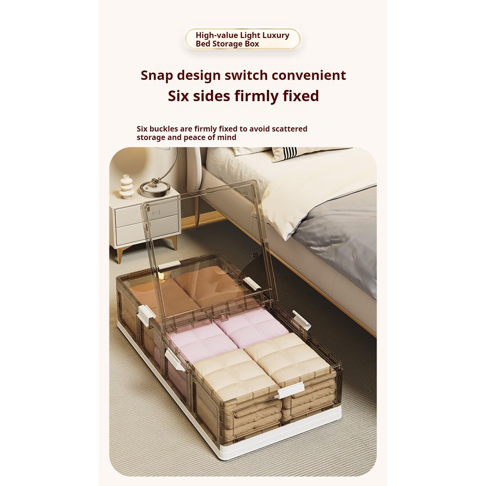 Faltbare Unterbettbox mit Rollen, Aufbewahrungsbox mit Deckel, Aufbewahrungsbox mit Schnalle, stapelbare Kleiderschrank-Aufbewahrungsbox, multifunktionale Aufbewahrungsbox Transparent,L