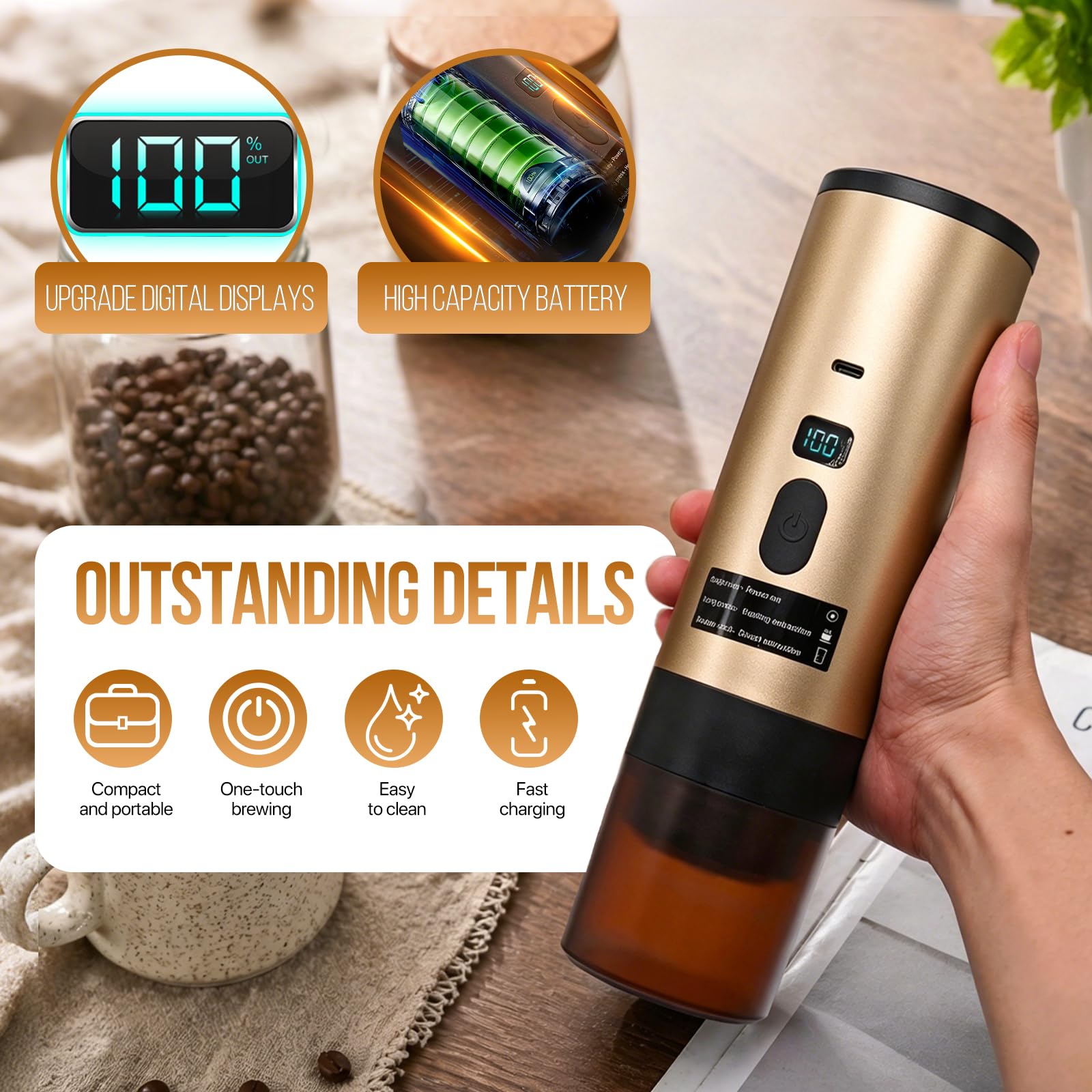 Machine à Café Portable, 3-en-1 Cafetière Nomade Chauffante Rapide, Sans Fil & Auto-Chauffante - Avec Batterie 7800mAh, Fonction de Charging USB-C, Compatible NS/DG/Café Moulu (Or)