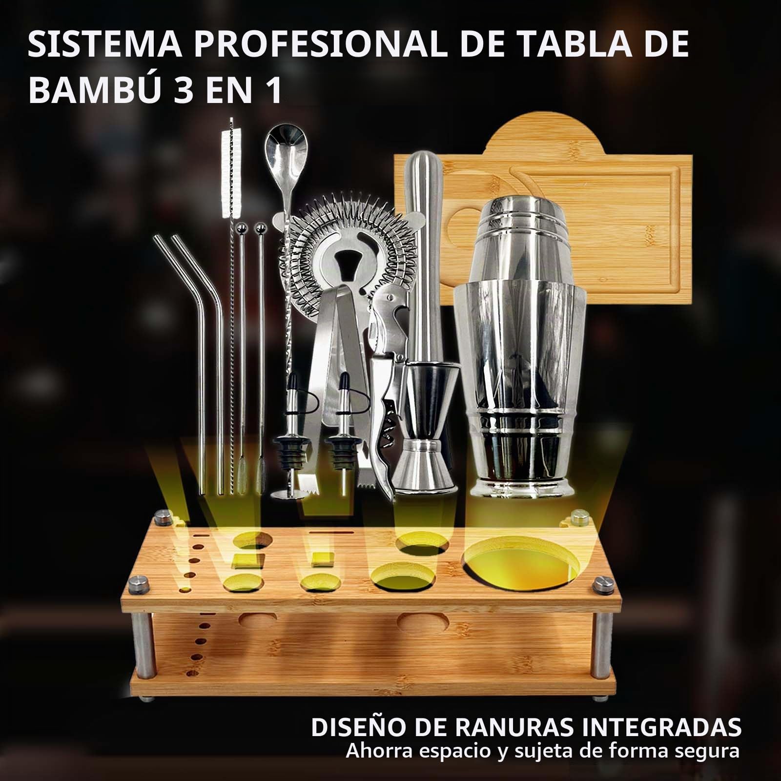 Daily Treasures Kit Profesional para Cócteles con Soporte Bambú y Salero Margarita, 16 Piezas - Shaker Boston 825ml, Accesorios Bar Hogar, Regalo Mixología
