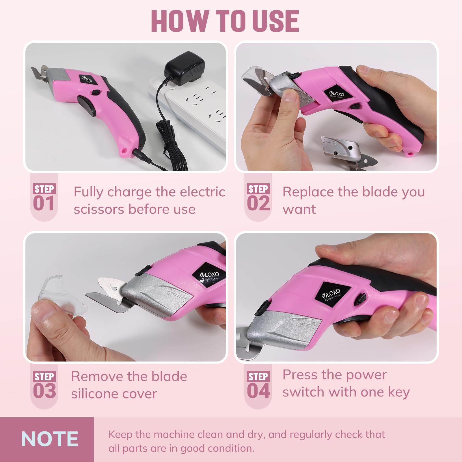 VLOXO Ciseaux Électriques Sans Fil, Ciseaux Electrique Tissu Couture avec 2 Lames, Electric Scissors pour Coupe Tissu, Carton, Cuir, Tapis, Papier, Artisanat et Bricolage – Rose