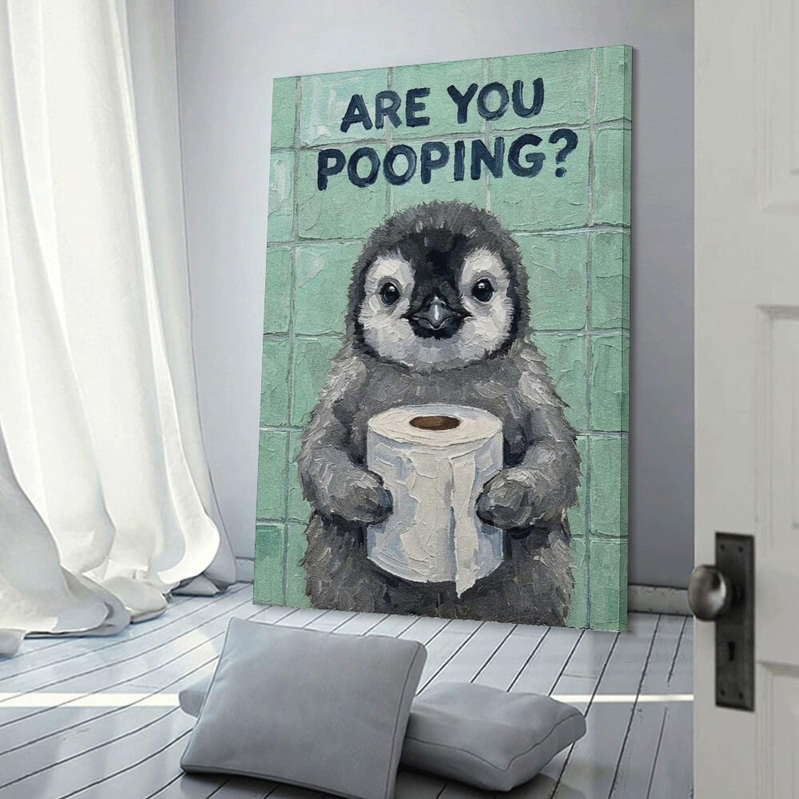Junmoney Penguin with Toilet Paper Painting Canvas Art Print 16x24inch(40x60cm), for Gallery Wall Layouts in Home Or Office, Decorative Artwork with Flexible Styling
