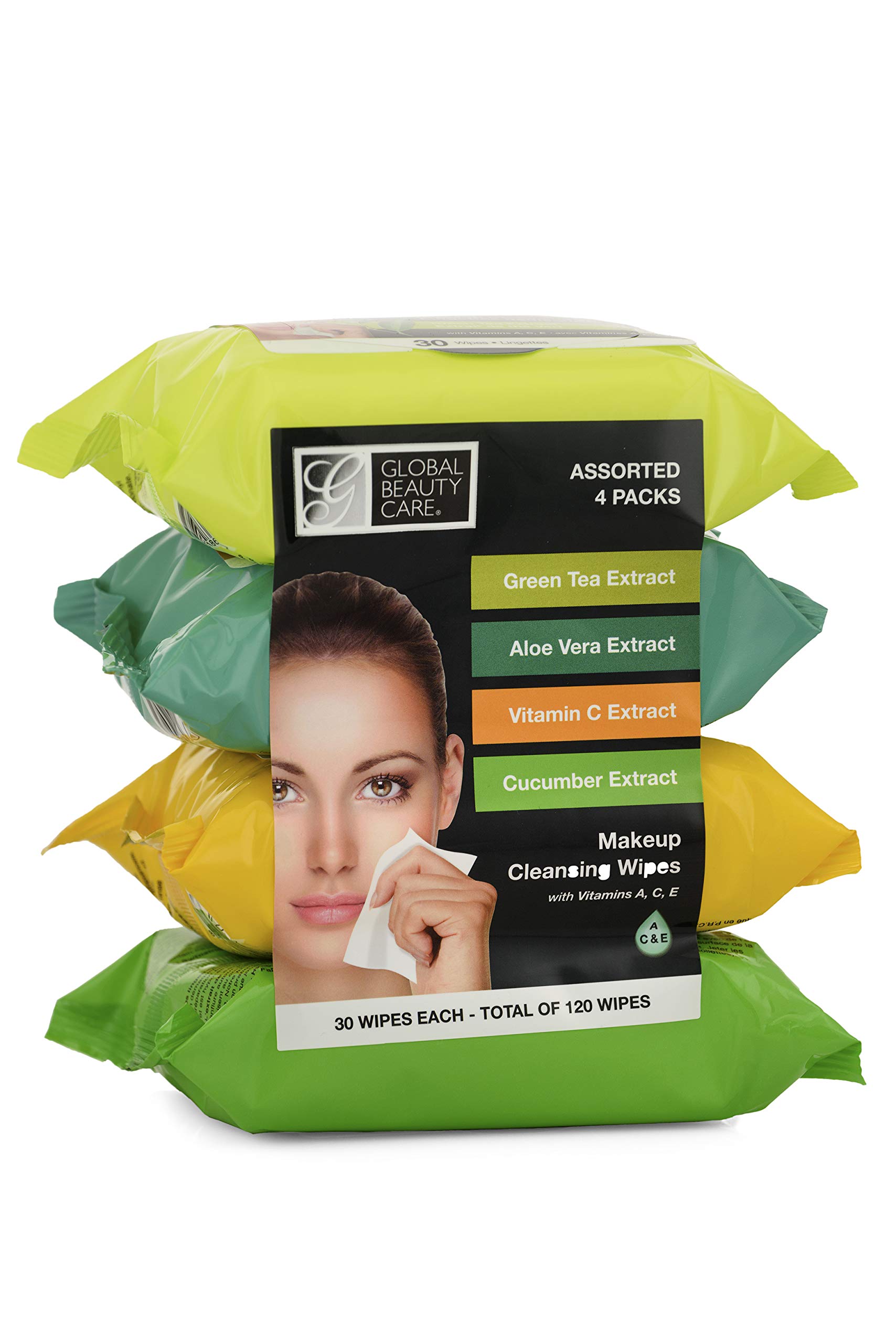 Global Beauty CareMakeup Cleansing Wipes 120 Count (4-Pack) (ASSORTED - GREEN TEA | ALOE VERA | VITAMIN C | CUCUMBER)