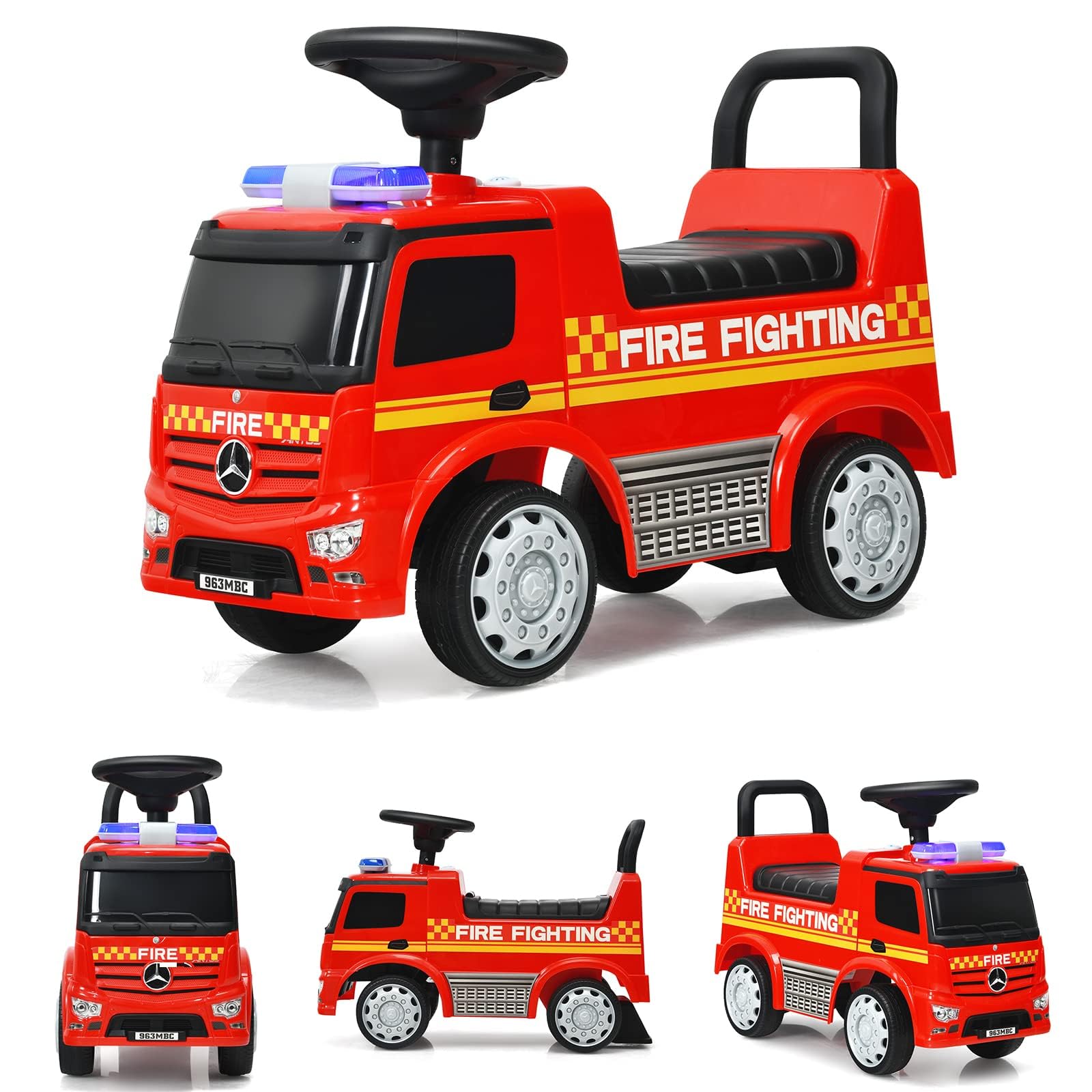 RELAX4LIFE Camion dei Pompieri cavalcabile per Bambini, Girello con Faro e Faro Girevole, con Clacson, Maniglia e Schienale, Spazio di stivaggio, per Bambini da 12 a 36 Mesi, Portata 25 KG