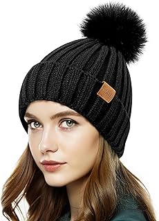 Womens Winter Beanie Hat Fleece Lined Warm Skull Cap with Faux Fur Pom Cuff Knitted Hat for Women