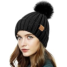 Womens Winter Beanie Hat Fleece Lined Warm Skull Cap with Faux Fur Pom Cuff Knitted Hat for Women