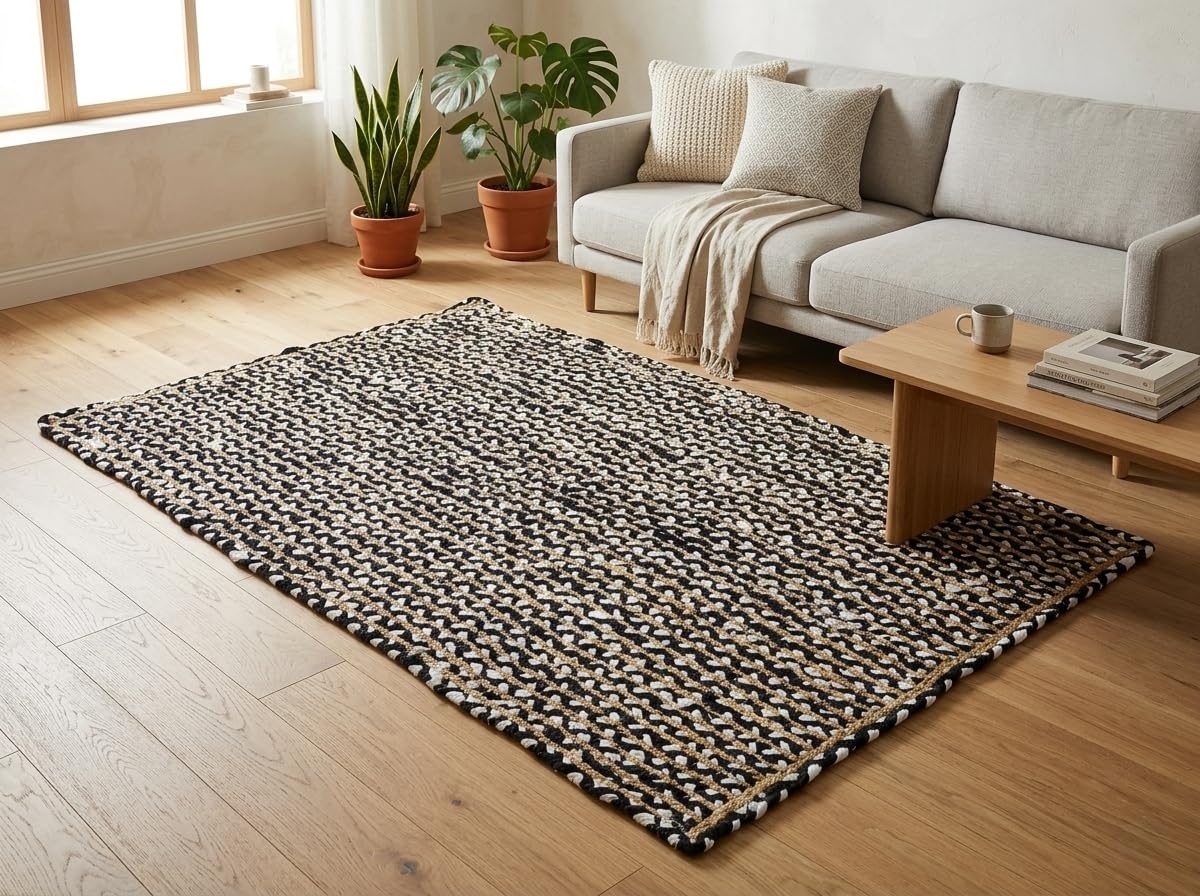 Tapis décoratif noir et blanc fait à la main en coton et jute | Tapis géométrique moderne de style bohème | Tapis de plancher de salon respectueux de l'environnement – 1,2 m carré