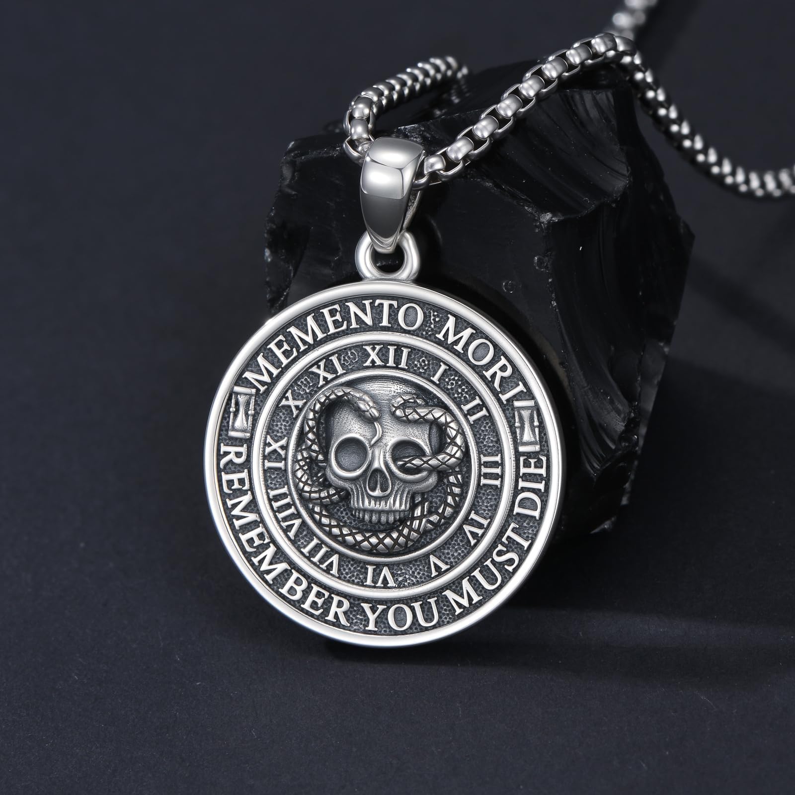 ROMANTICWORK Memento Mori Kette 925 Sterling Silber Skelett/Abalone Muschel/Gothic Punk Skull Memento Mori Anhänger Halskette Gothic Totenkopf Schmuck Geschenk für Herren Männer