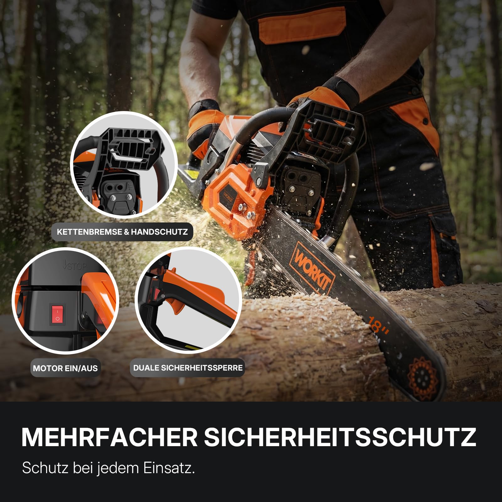 WORKIT 54 cm³ Benzin Kettensäge (3,4 PS), Motorsäge Benzin Profi-Set mit 45 cm (18") & 40 cm (16") Schwert, Easy-Start Benzinkettensäge für Forst & Brennholz, 12.000 U/min, inkl. 2 Sägeketten