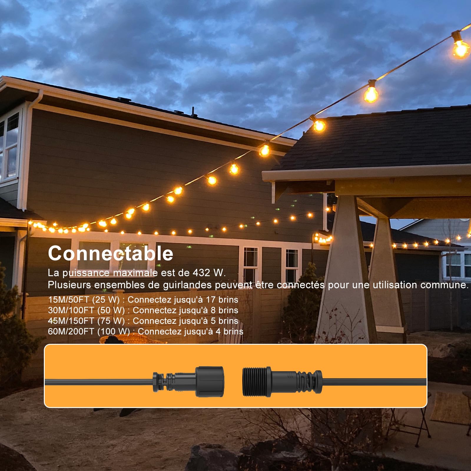 Guirlande Lumineuse Extérieure G40 30M Festoon Lights, Alimentée Sur Secteur, 50 Ampoules Incassables, Étanche