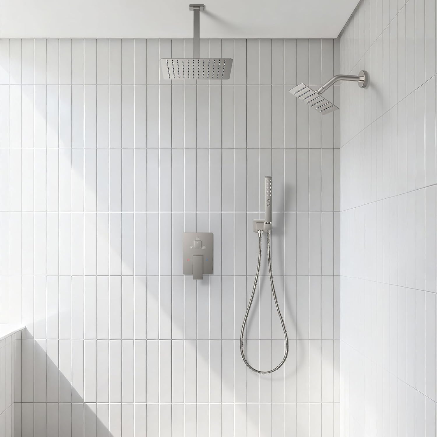 Rain Shower System Brushed Nickel Shower Faucet Set, Dual Rainfall Shower Head Set with 2 in 1 Handheld Spray, Ceiling Mount 12-inch & 6-inch Square Showerheads with Valve, Brushed Nickel