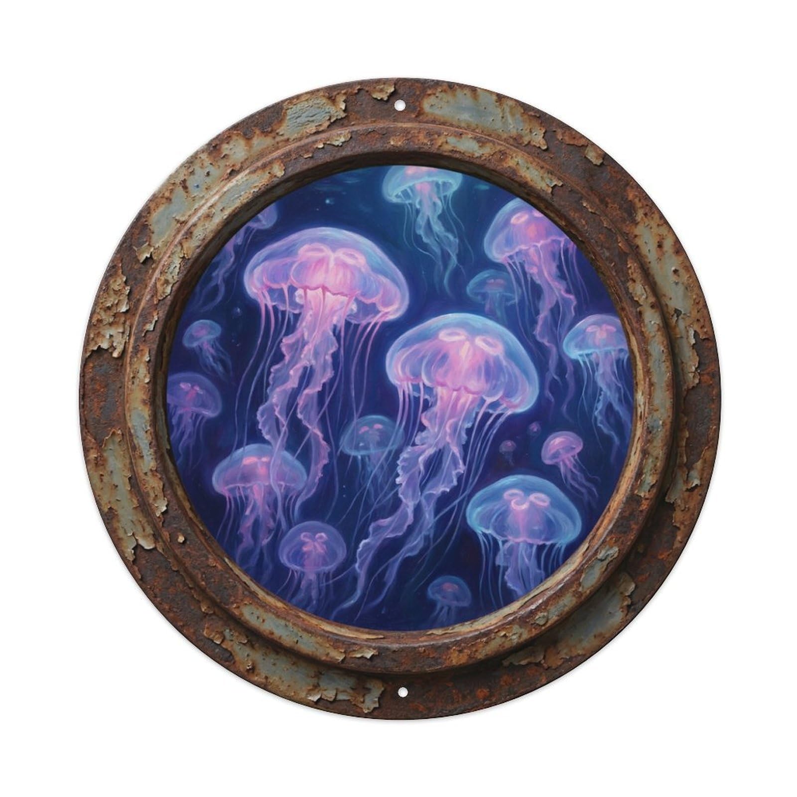 Vintage Porthole Jellyfish Bloom Ship Window Undersea Deep Sea Metal Tin Sign