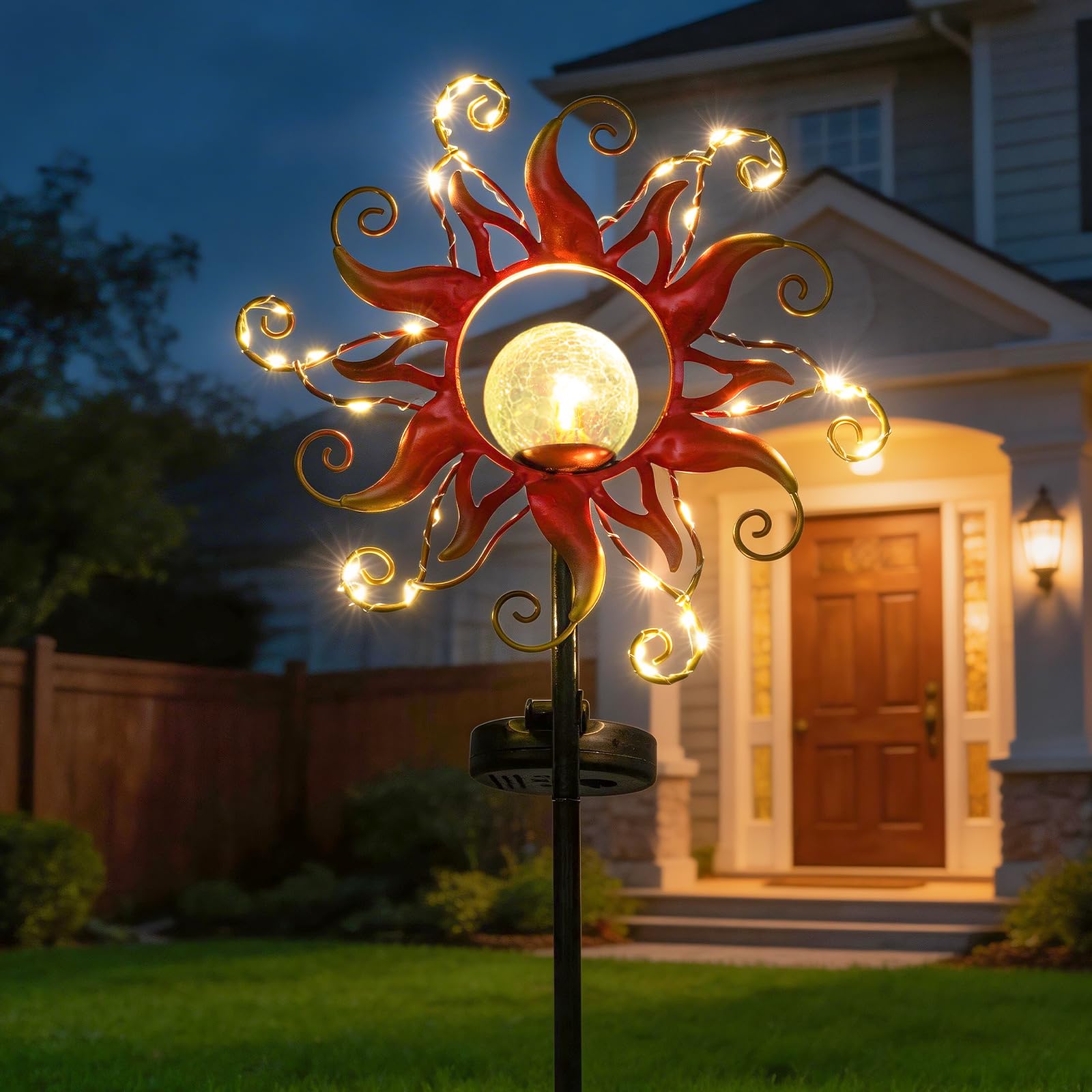 Photo 1 of Solar Lights Outdoor Waterproof Red Sun Metal Crackle Glass Stake Decorative for Outside,Yard,Lawn,Patio,Walkway Mothers'Day Gifts Mom Grandma Garden Lover