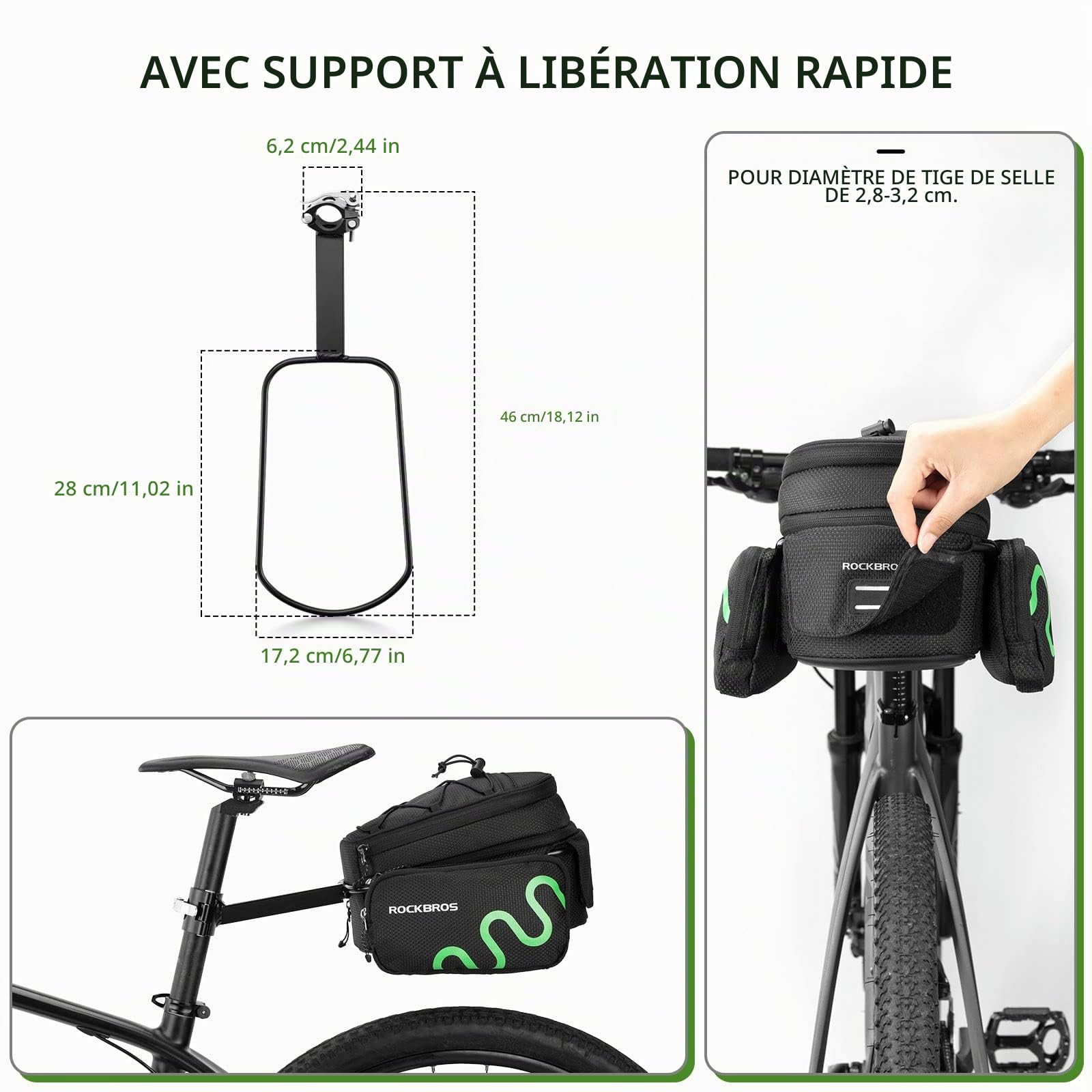 ROCKBROS Sacoche de Porte-bagages Vélo 6-8L, Sac de Vélo Extensible Réfléchissant avec Housse de Pluie, Sacoche de Vélo Arrière Amovible avec Support Réglable pour VTT Vélo de Route Vélo Pliant