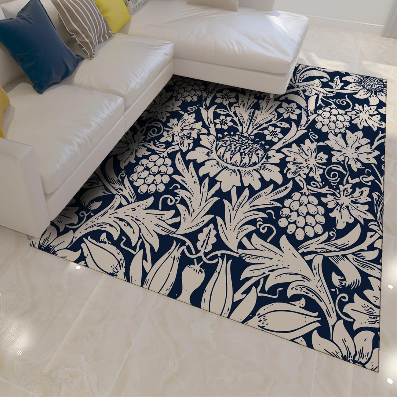 Tapis rustique bleu tournesol 90x150 cm lavable et doux pour salon et cuisine