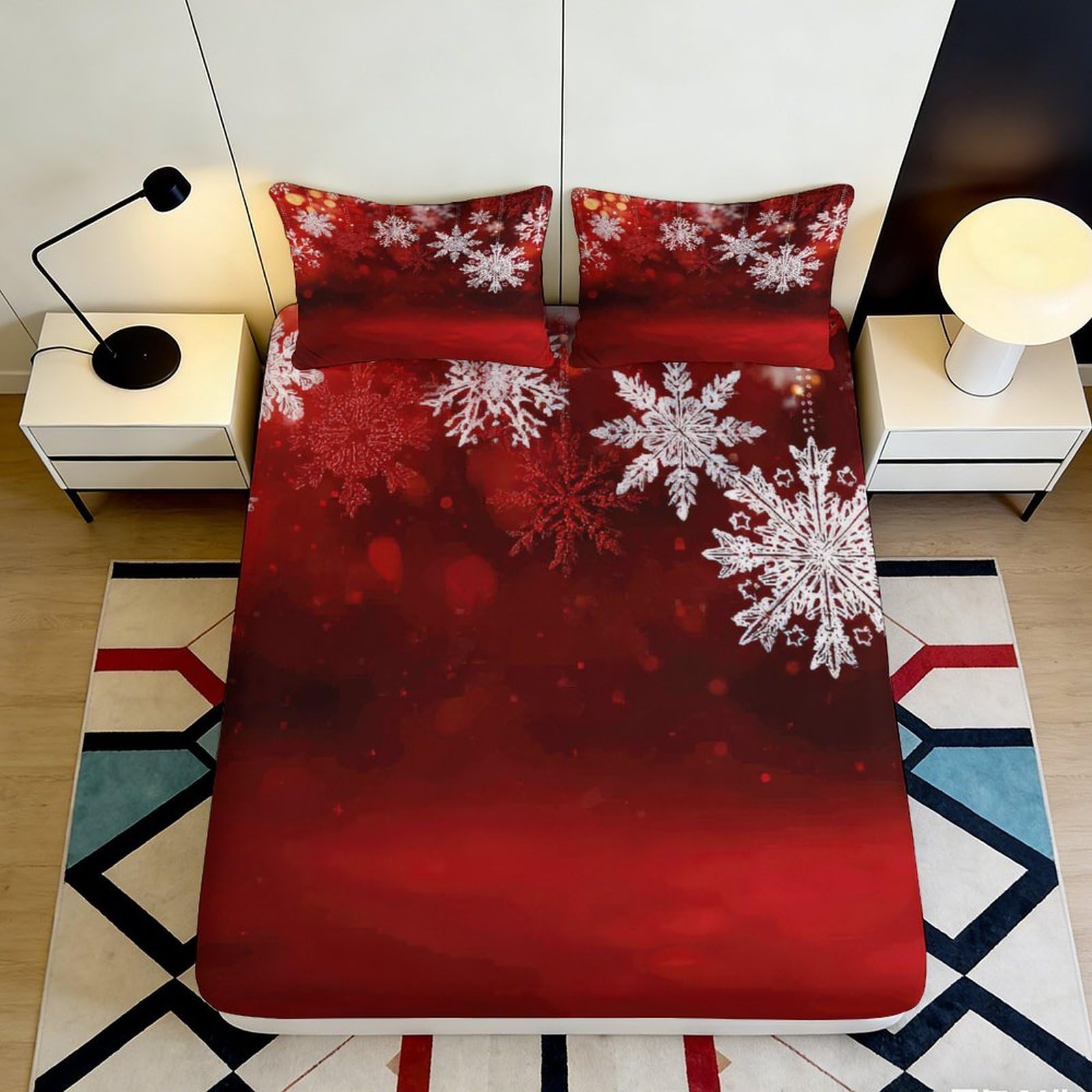 3D Printed Red Snowflake Fitted Sheet Microfiber Soft Bed Cover for Bedroom Guest Room Winter Mattress Protection 90x200x25cm
