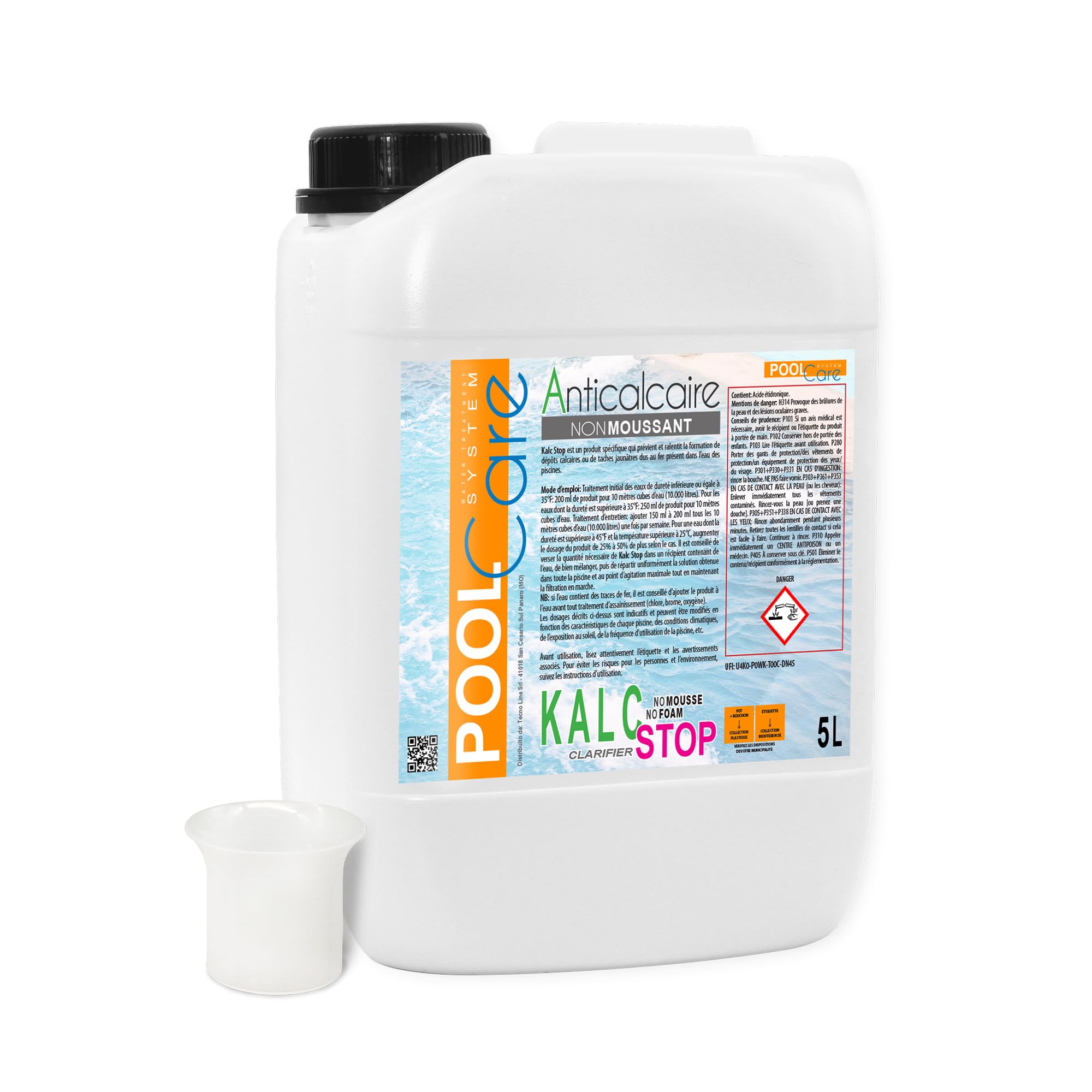 POOL CARE KALC Stop + Gobelet doseur gradué, Anti-calcaire concentré, Séparateur de calcaire et de Fer, Idéal pour Les Piscines - 5 LT