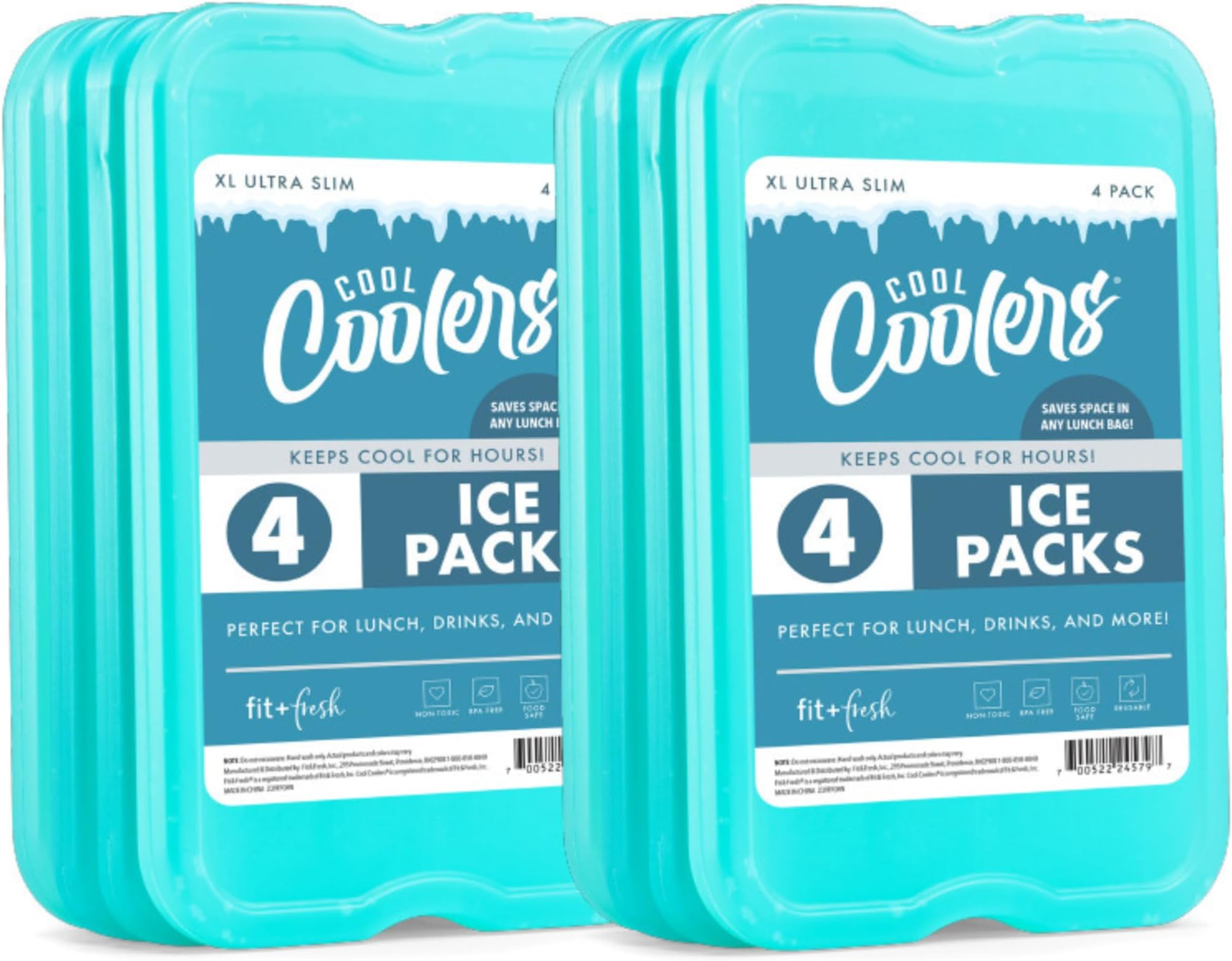 Cool Coolers by Fit + Fresh, Reusable XL Slim Ice Packs for Lunch Boxes and Bags, Cooler Accessories for Camping, Beach, and Work, 8PK, Green