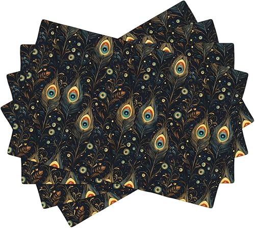 Dining Table Placemats Set of 4-12x18 Inch Vintage Feather Eyes Print Faux Linen Double Heat Resistant Place Mats, Kitchen Table Mats, Wipeable