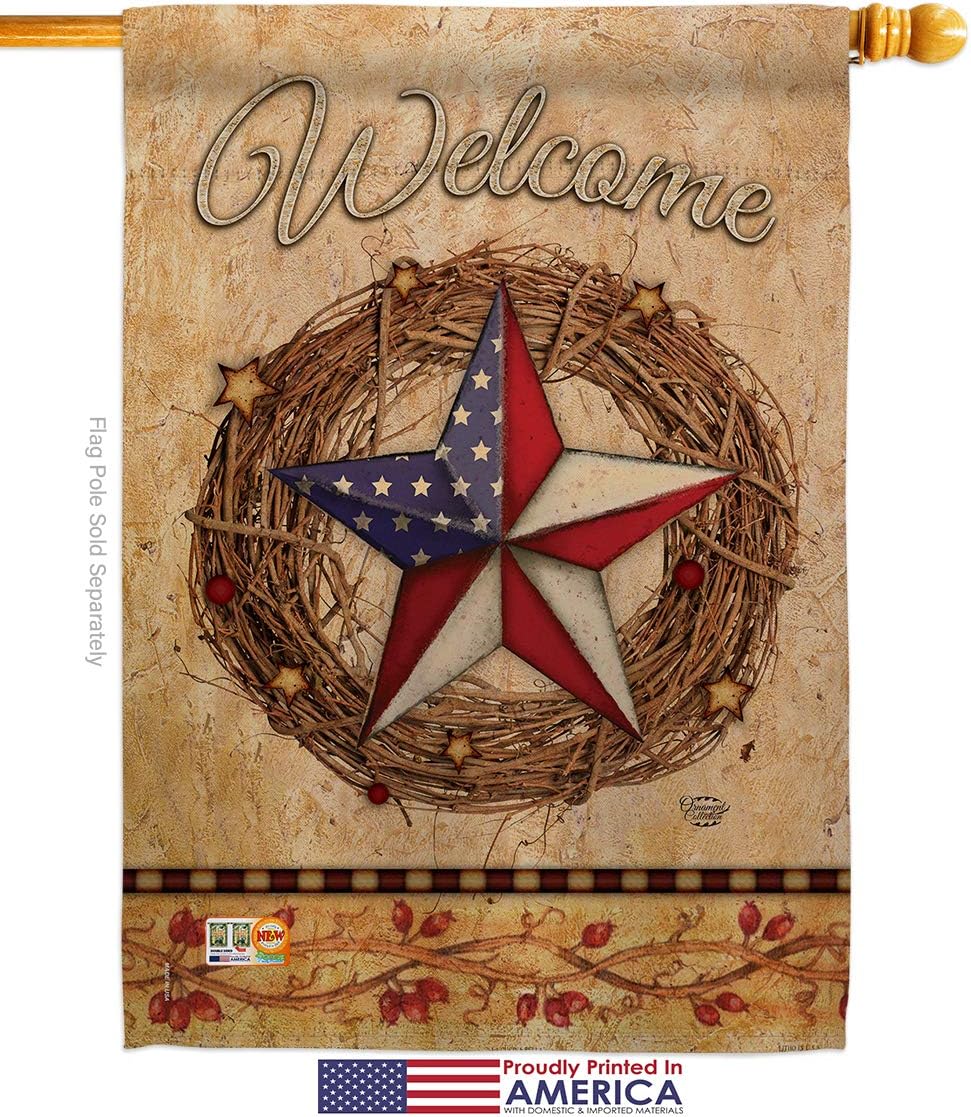 Welcome American Pride Wreath House Flag Americana Star and Stripes Patriotism Independence Memorial United State Small Decorative Gift Yard Banner Made In USA 28 X 40