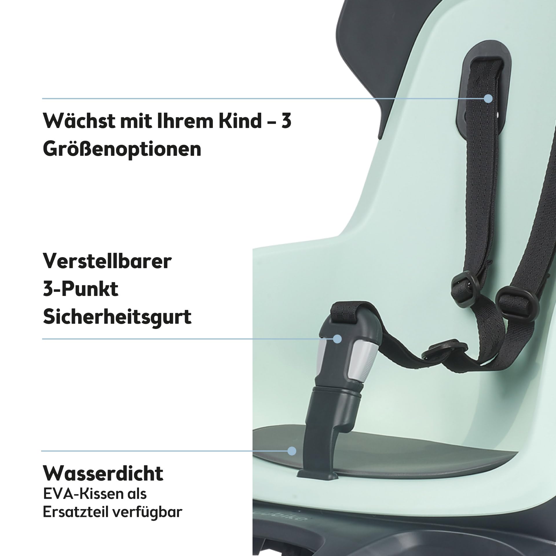 BOBIKE 8012400003 - Fahrradkindervordersitz GO Maxi für Fahrräder mit 26” bis 29” Rädern geeignet für Kinder mit Rahmenverankerung in Farbe Marshmallow Minze