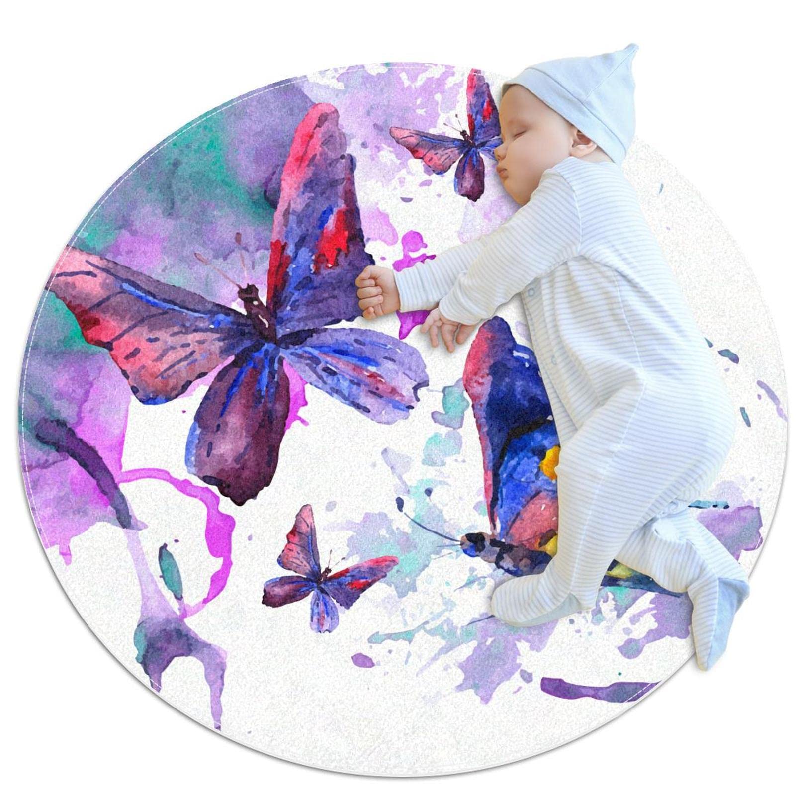Tapis de jeu pour enfants papillon aquarelle rond 80x80cm pour chambre fille et garçon