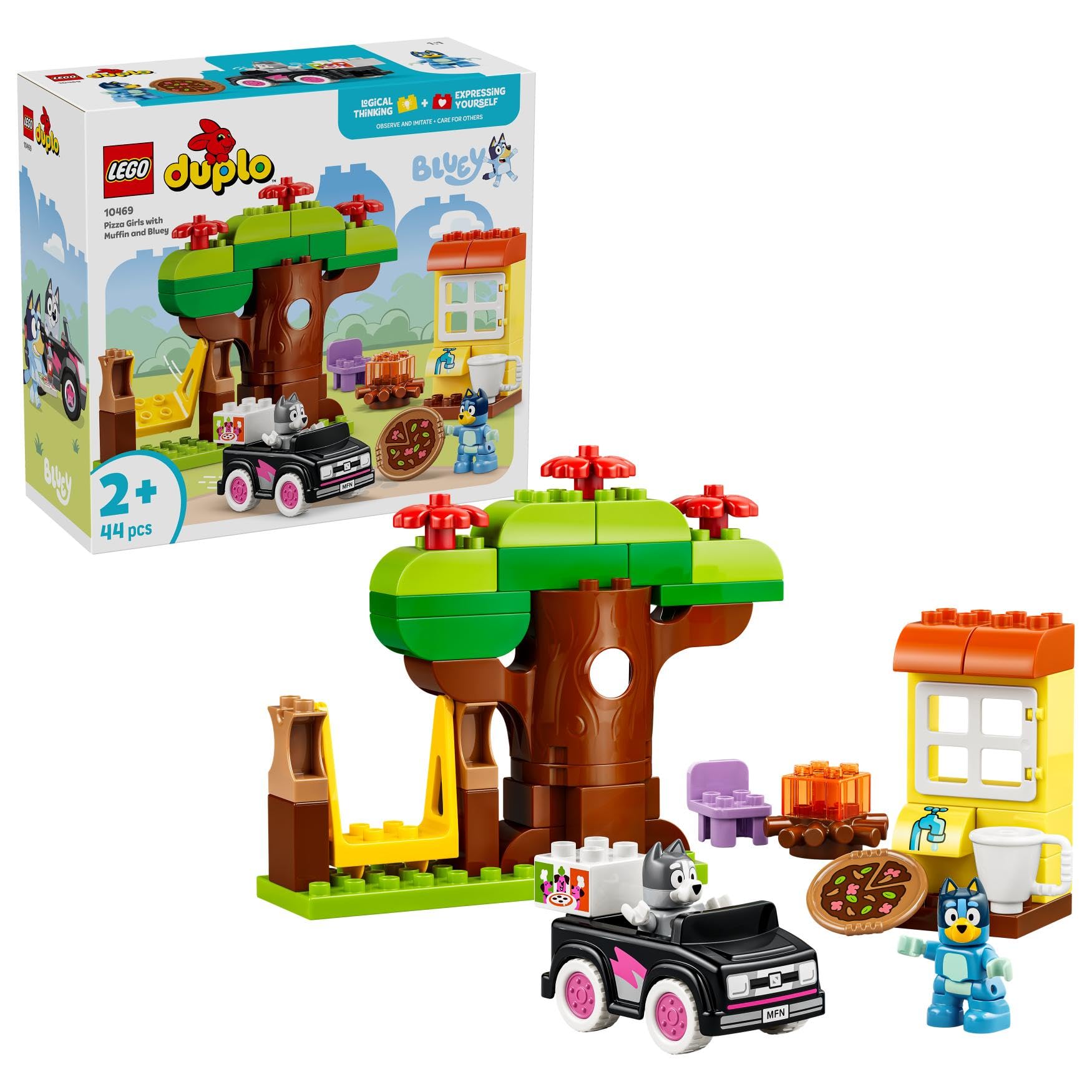 LEGO DUPLO Bluey Pizza Girls with Muffin and Bluey - Educational Motor Skills Toy for Toddlers - Montessori Set w/Car, 2 Figures, Tree & Swing - Gift for 2+ Year Old Girls & Boys - 10469