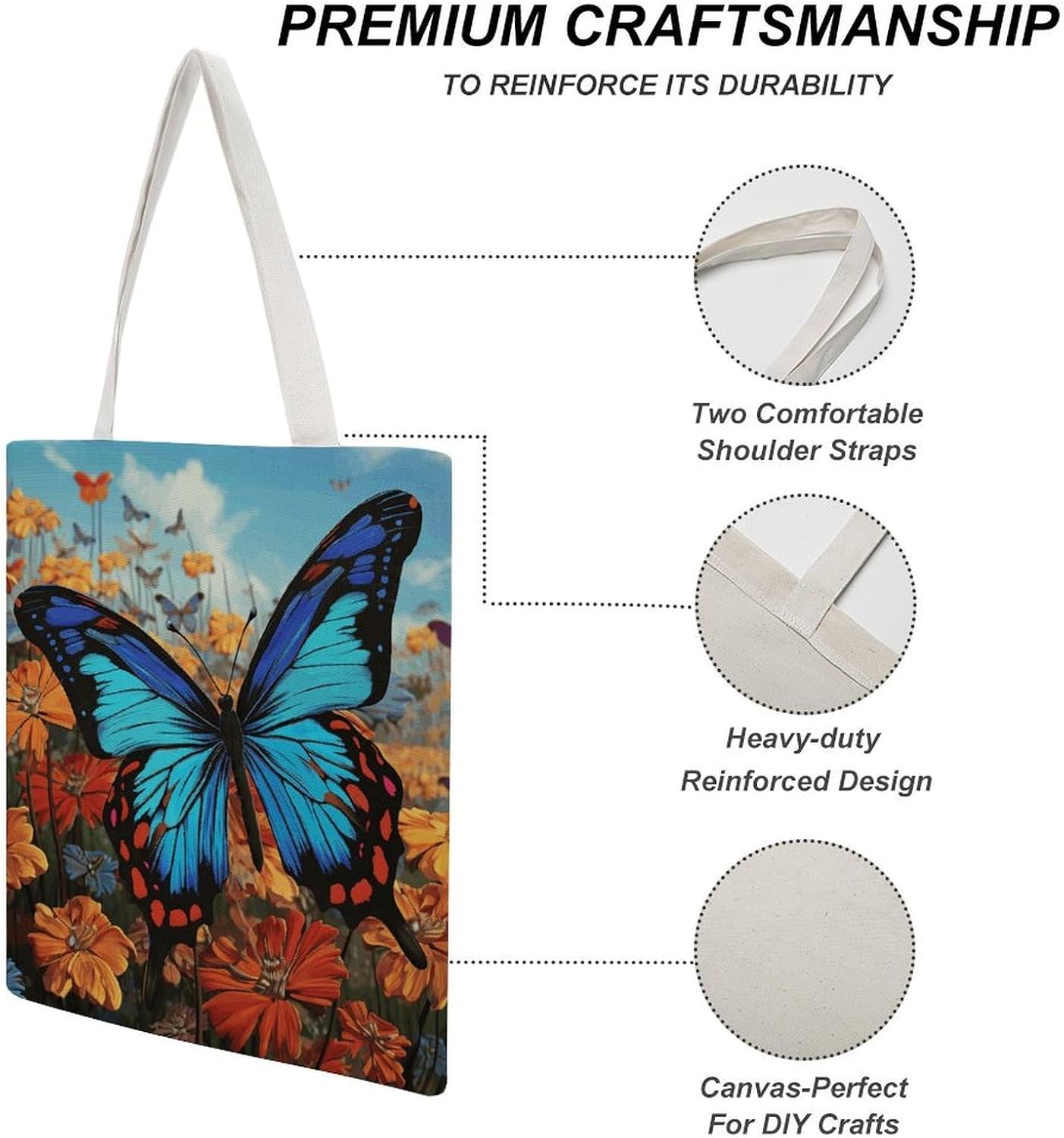 Big Butterfly Canvas Tote Bag Reusable Grocery Bags Foldable Soft Cotton Shoulder Carry Bag