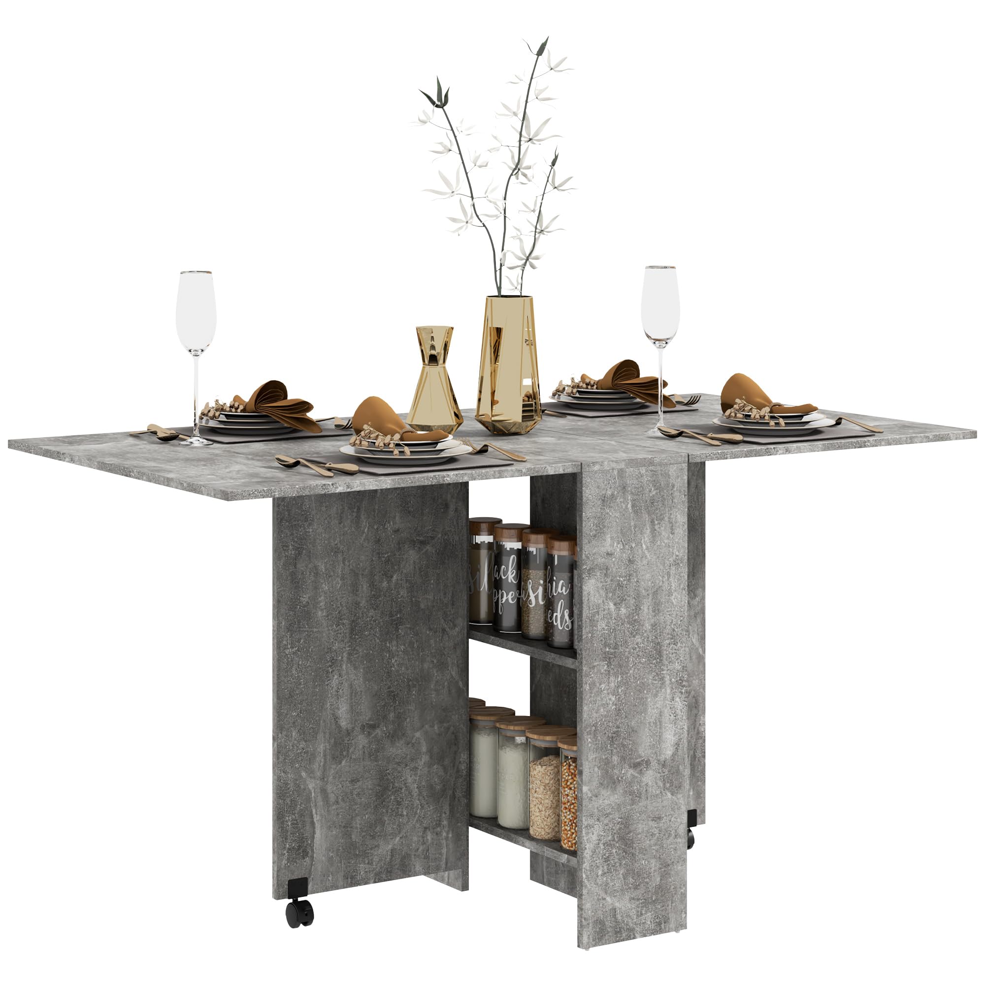 HOMCOM Mesa Plegable de Comedor Mesa de Cocina Plegable con Ruedas Alas Abatibles y Estantes Mesa Plegable para 4-6 Personas 75x140x74 cm Gris Cemento