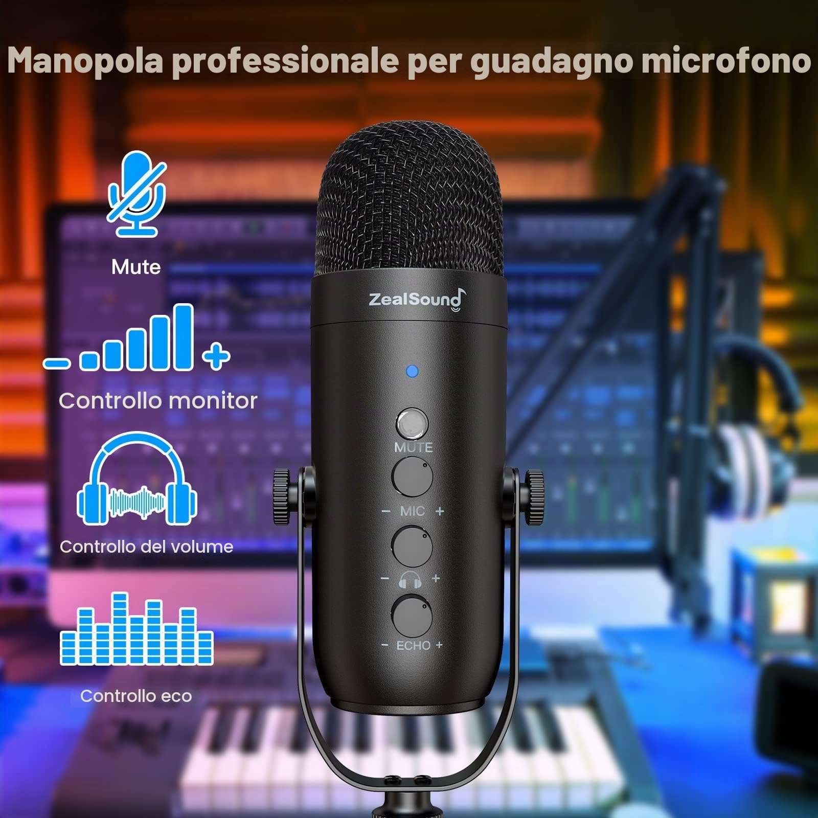 zealsound Microfono USB Kit, Podcasting Condensatore Pacchetto microfono per PC Phone, con adattatore Tipo C, Muto, Guadagno Manopola, Braccio, per Registrazione,TikTok Streaming,Youtube