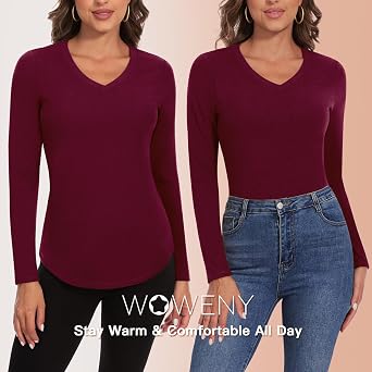 WOWENY Thermal Shirts for Women V Neck Fleece Lined Base Layer