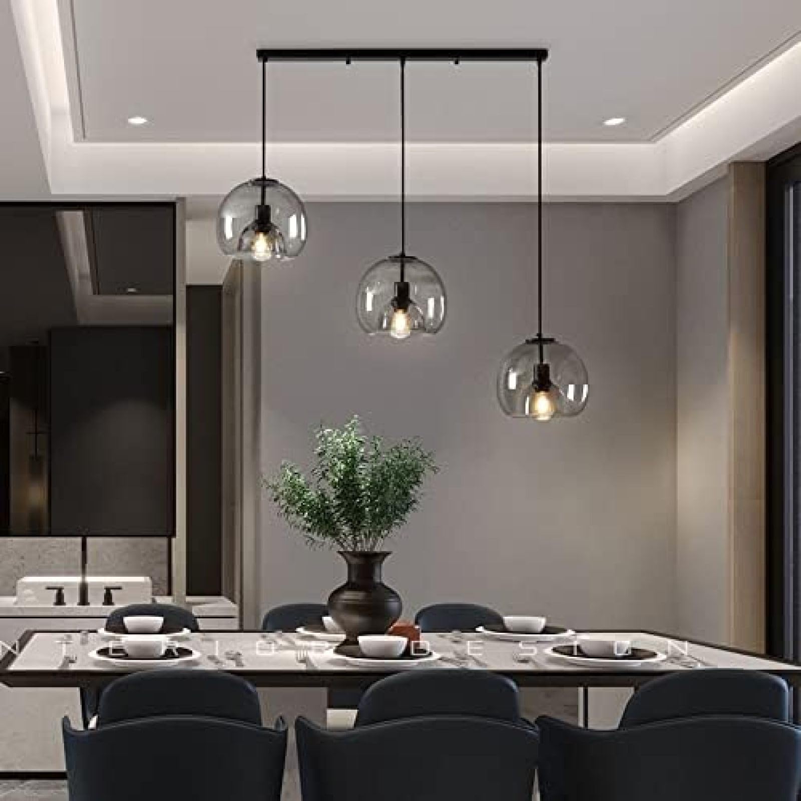 Lampada a sospensione E27 in stile nordico con vetro a doppia bolla di strato, lampadario industriale vintage per sala da pranzo e arredamento dell'isola della cucina, luce appesa a sfera in vetro ner