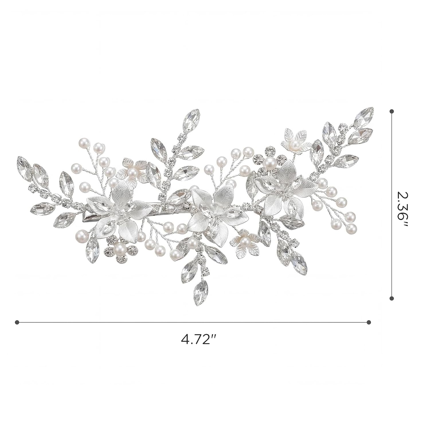 SWEETV Silver Wedding Hair Clip for Brides, Handmade Flower Pearl Hair Comb Rhinestone Bridal Hair Accessories, Crystal Leaf Bridal Headpiece Hair Piece for Bridesmaids Women