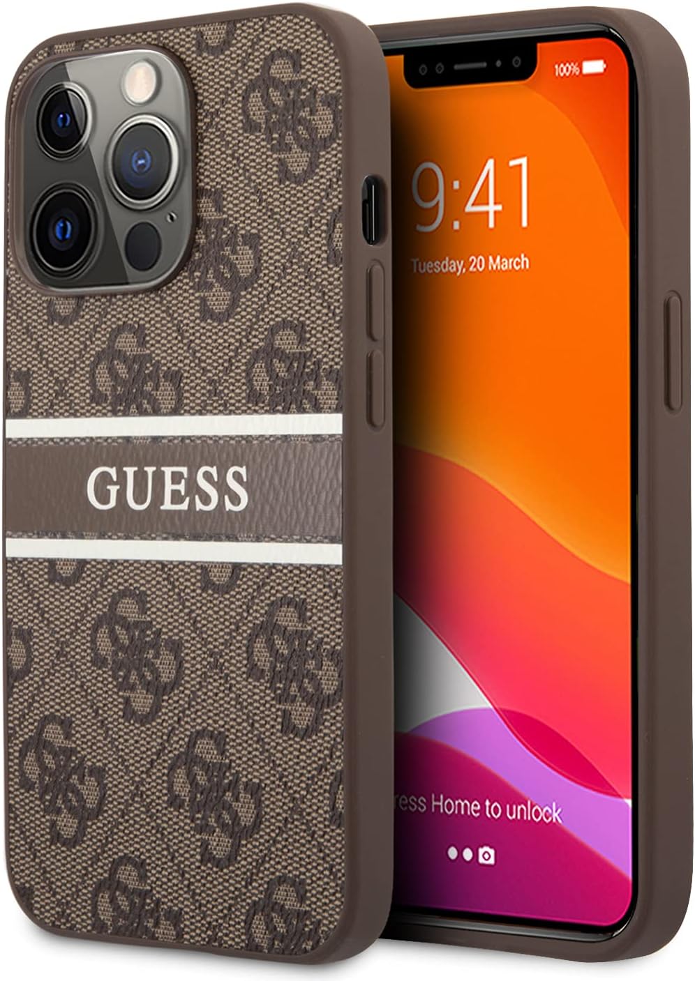 CG MOBILE Guess 4G PU Leather Case with Printed Stripe Compatible for iPhone 13 Pro Max (6.7") Elegant Leather Cover, Modern Design, Shockproof & Drop Protection Back Cover Officially Licensed (Brown)