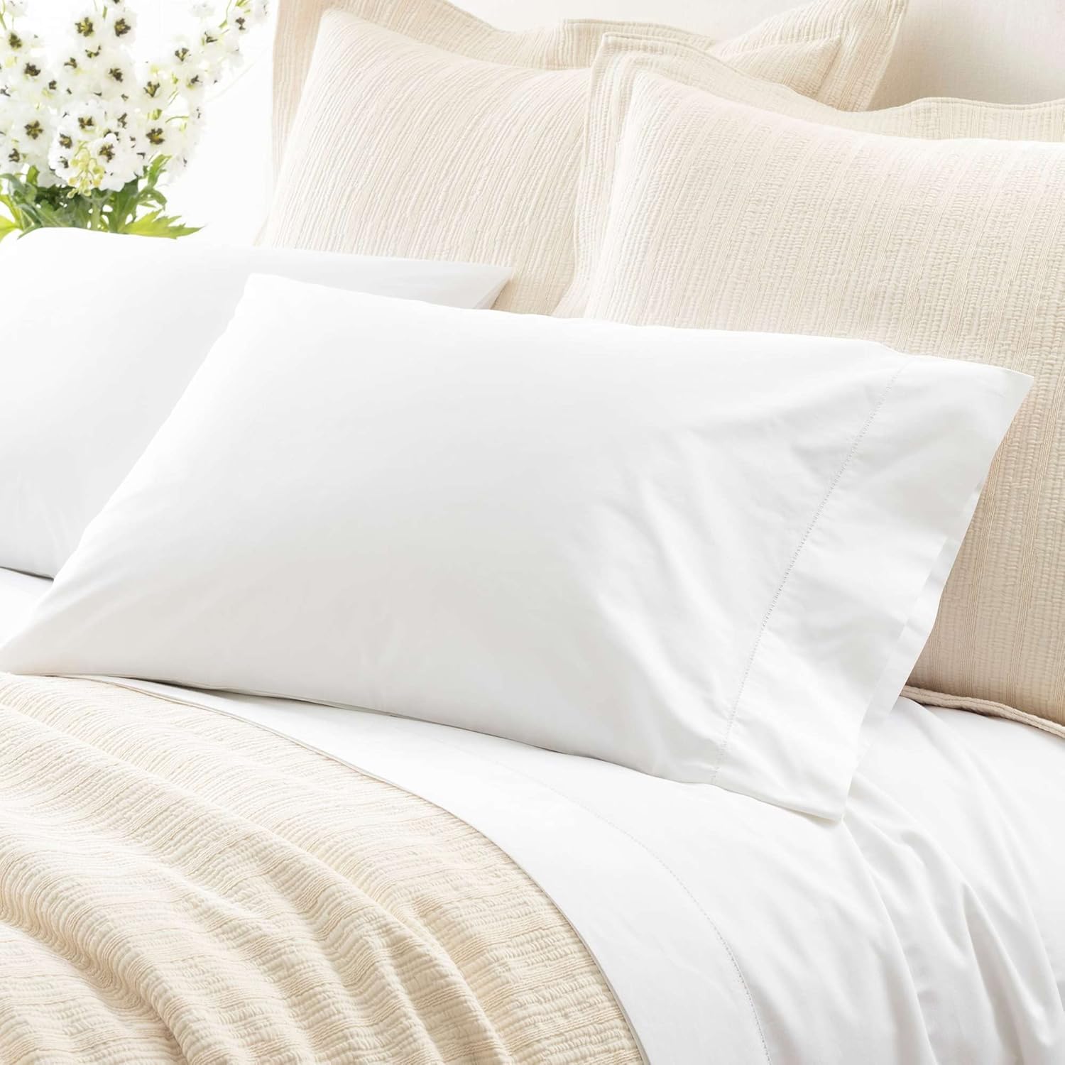 Pine Cone Hill Classic Hemstitch White Pillowcases (Pair), Standard Size, White Solid Pattern