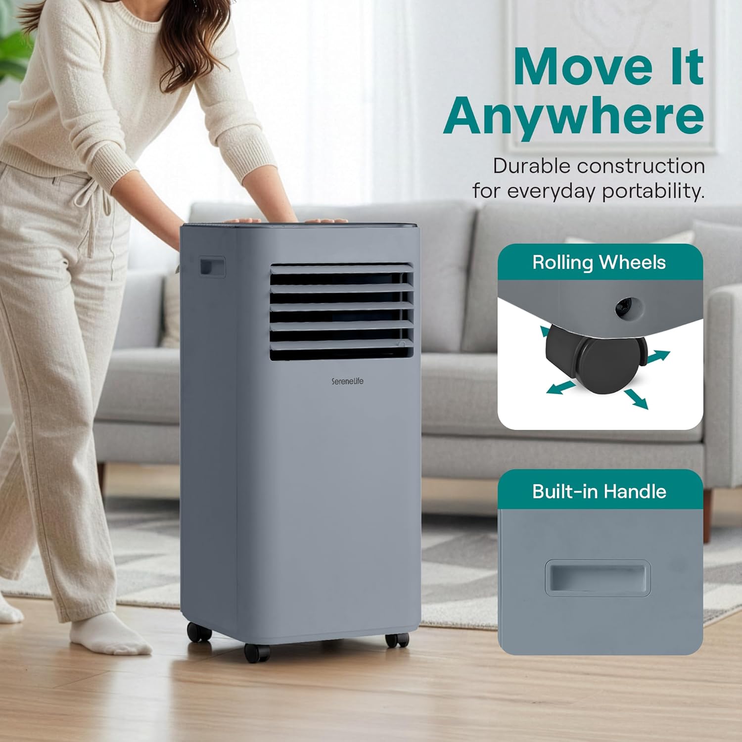SereneLife Portable Air Conditioner 8000 BTU | Cools Rooms up to 300 sq ft | 3-in-1 Cooling, Fan & Dehumidifier | 24-Hr Timer & Remote| Standing Portable AC Unit with Window Kit and Rolling Wheels