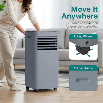 SereneLife Portable Air Conditioner 8000 BTU | Cools Rooms up to 300 sq ft | 3-in-1 Cooling, Fan & Dehumidifier | 24-Hr Timer & Remote| Standing Portable AC Unit with Window Kit and Rolling Wheels