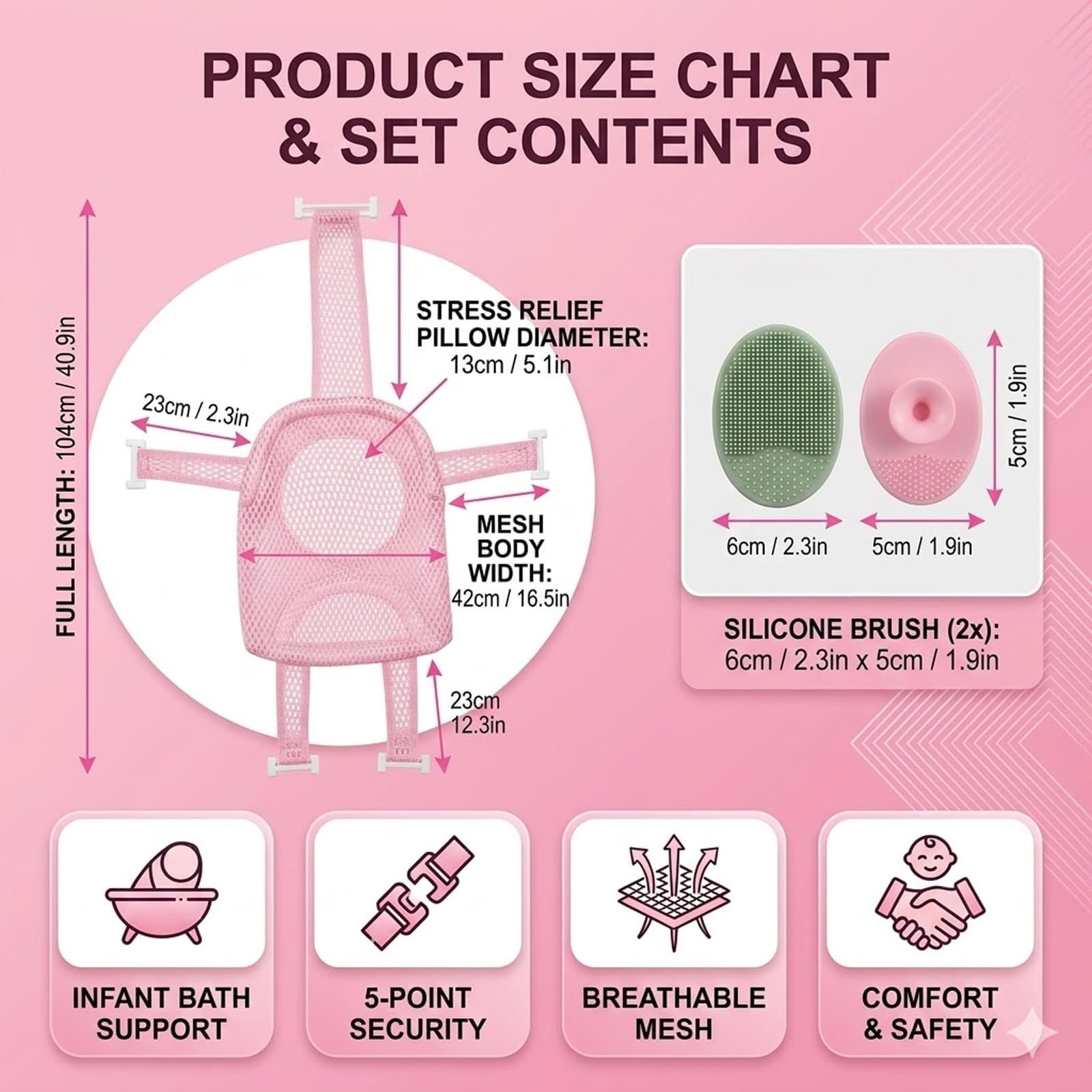 1 Pièce Hamac de Bain Antidérapant pour Bébé, Support de Siège pour Nouveau-né, Pliable et Portable, Deux Brosses à Shampooing Incluses (5 Coins) (Rose)