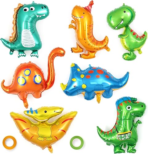 7 Pcs Dinosaur Balloons, Baby Dinosaur Foil Balloons, Giant Dino Animal Mylar Balloons for Dino Animal Birthday Party Decorations Baby Shower Gender