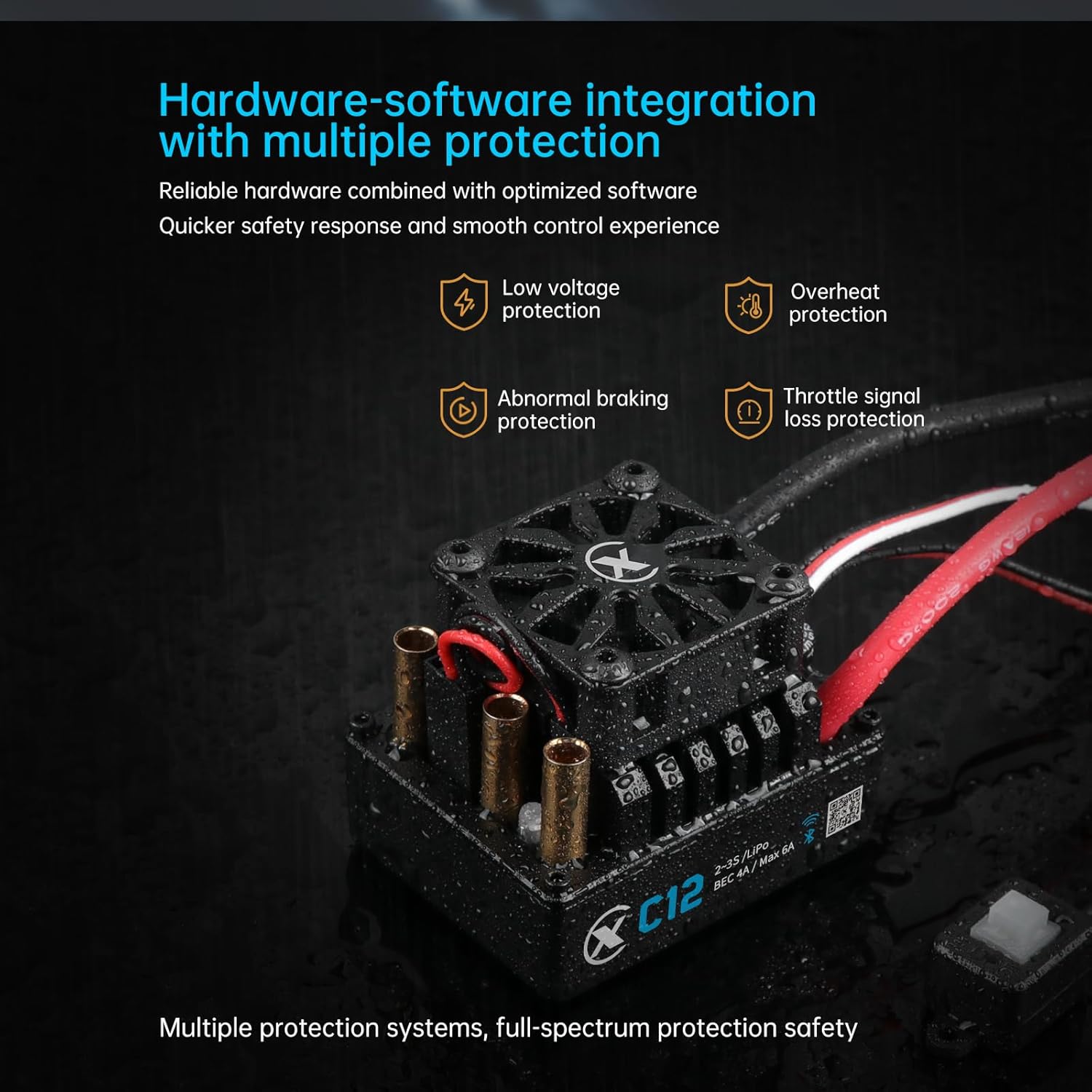 XC C12 Sensorless Brushless Motor ESC for RC Car, 2-3S Lipo,60A Continuous Current,4-6A、6.0/7.4V BEC,Applicable to 1/12 ON Road & Off Roads(No Connector)