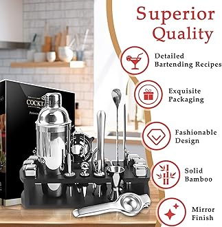 Necomi Cocktail Shaker Set with Stand,23-Piece Bar Tool Set with Cocktail Recipes Booklet,Stainless Steel Bartender Kit Drink Mixer,Professional Bar Tools for Drink Mixing,Home,Party,Gift Idea(Silver)